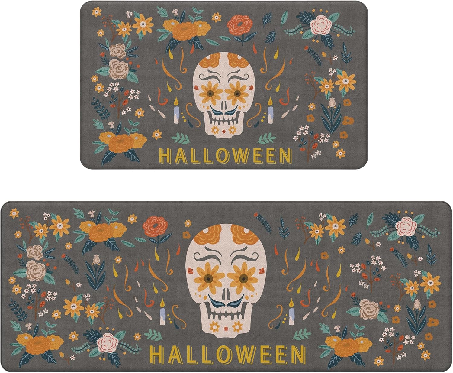 GENIMO Halloween Decorations, Kitchen Mats for Floor 2PCs, Washable Anti Fatigue Mat for Cushioned, Waterproof Kitchen Rugs, Non-Slip Comfort Standing Mat for Home, 17.3"x47"+17.3"x30", Grey