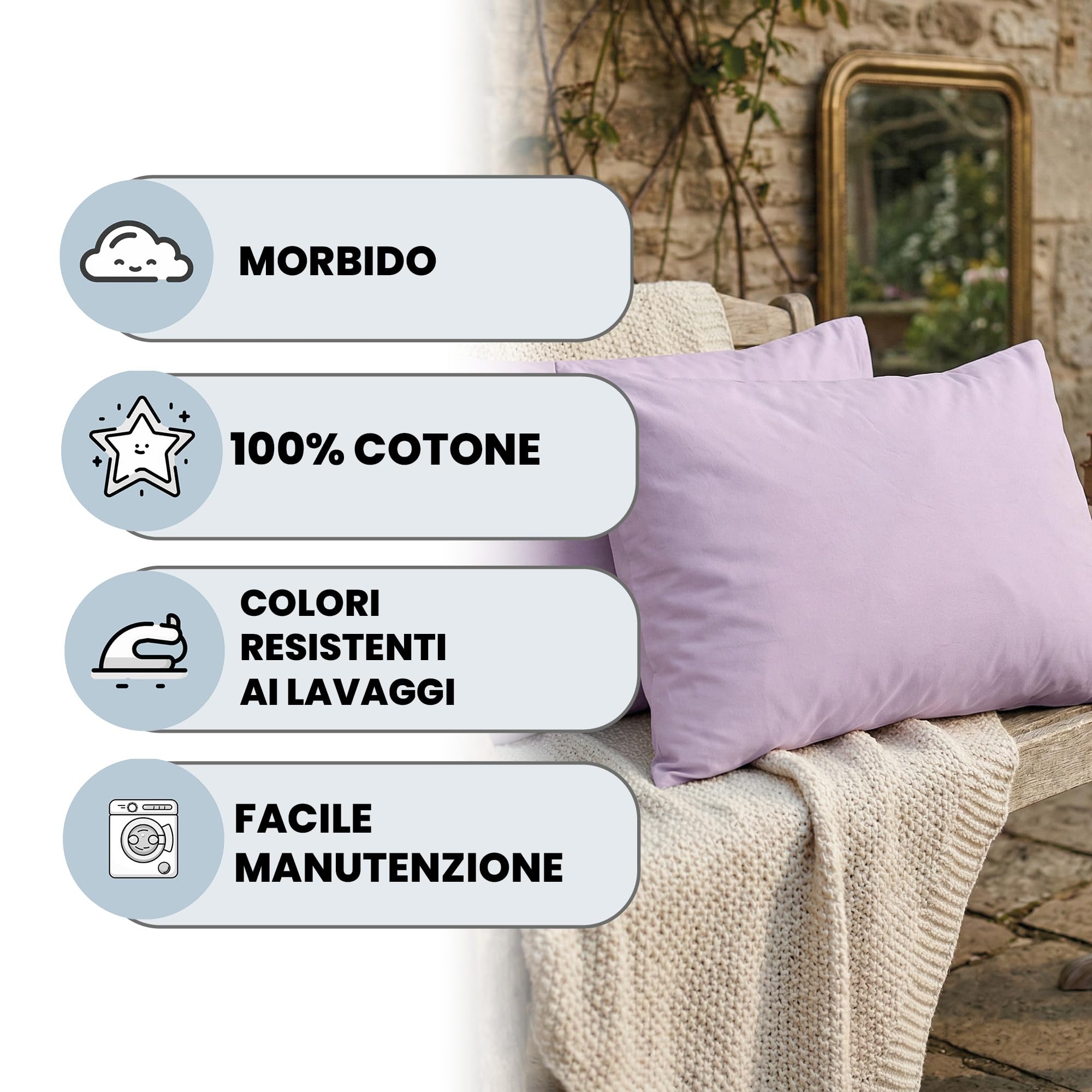 Coppia Federe 100% Cotone 50x80 cm con Patella Interna LILLA