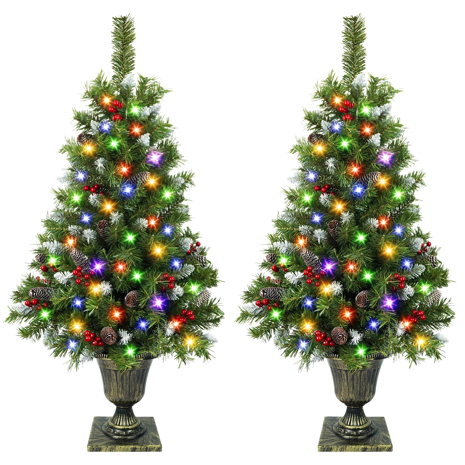 2 Pack 4 Ft Christmas Entrance Tree in Gold Pot Base, Artificial Outdoor Christmas Potted Tree with 80 White White Lights 12 Modes Timer for Porch Front Door Entryway Xmas Decor