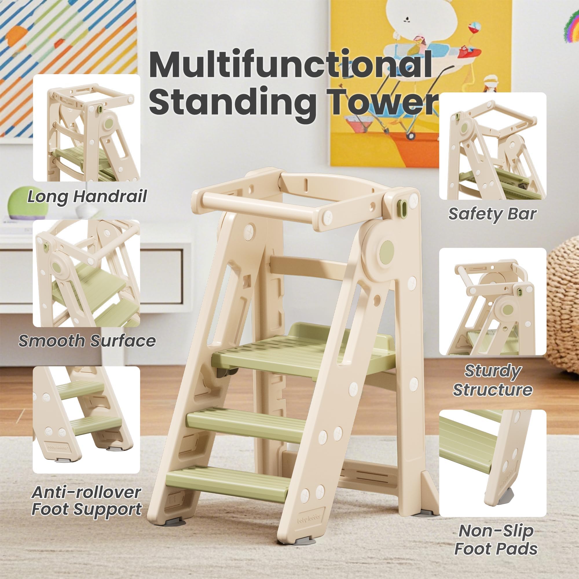 Klappbarer Lernturm für Kinder, Höhenverstellbarer Montessori Tritthocker für Küche, Bad und Kinderzimmer, Multifunktional ab 1 Jahr (Classic, Grün)