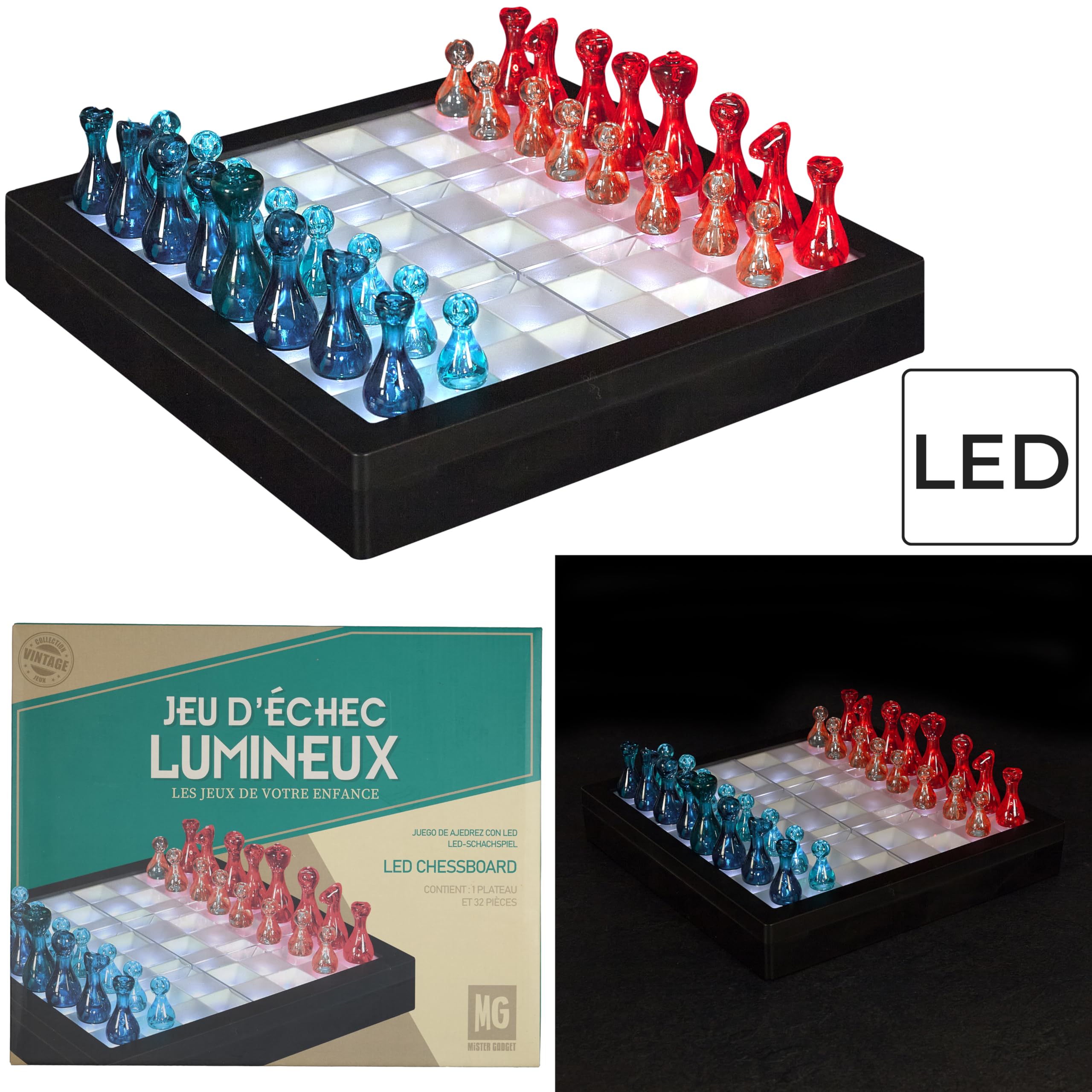 MISTER GADGET Jeu d'Échecs Transparent LED Échiquier Lumineux Multicolore | Plastique PS, jeu d'échecs transparent LED, échiquier lumineux, pièces noires bleues et blanches, soirées, multicolore