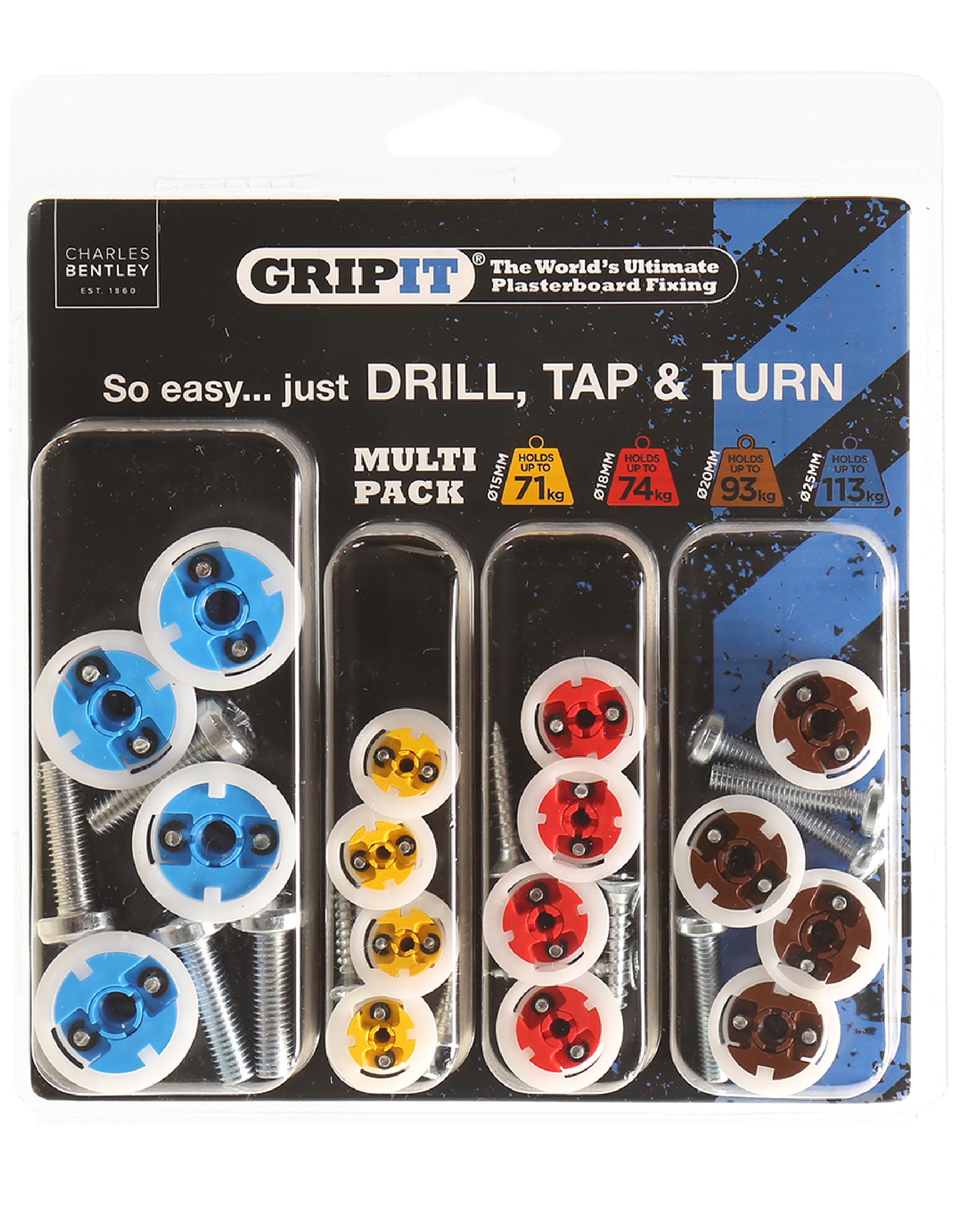 Gripit Yellow/Red/Brown Gpmultipk Plasterboard Fixings Multi Pack 16 Piece Clam Pack