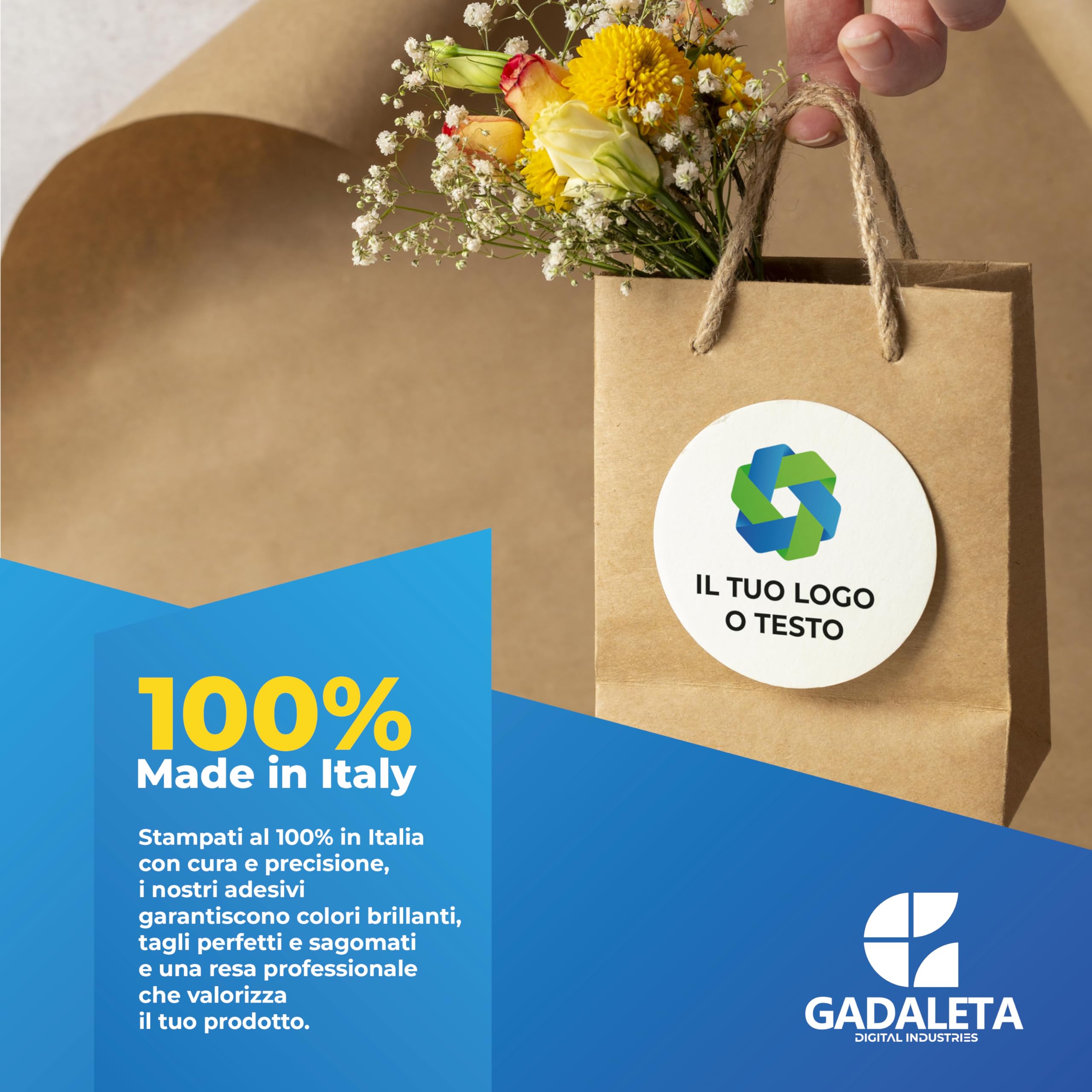 Gadaleta Digital Industries -100 Etichette Adesive Personalizzate -Sticker Personalizzati con Logo - Etichette Scuola, Ufficio, Packaging - 4 Forme: Tondo, Rettangolare, Ovale, Quadrato