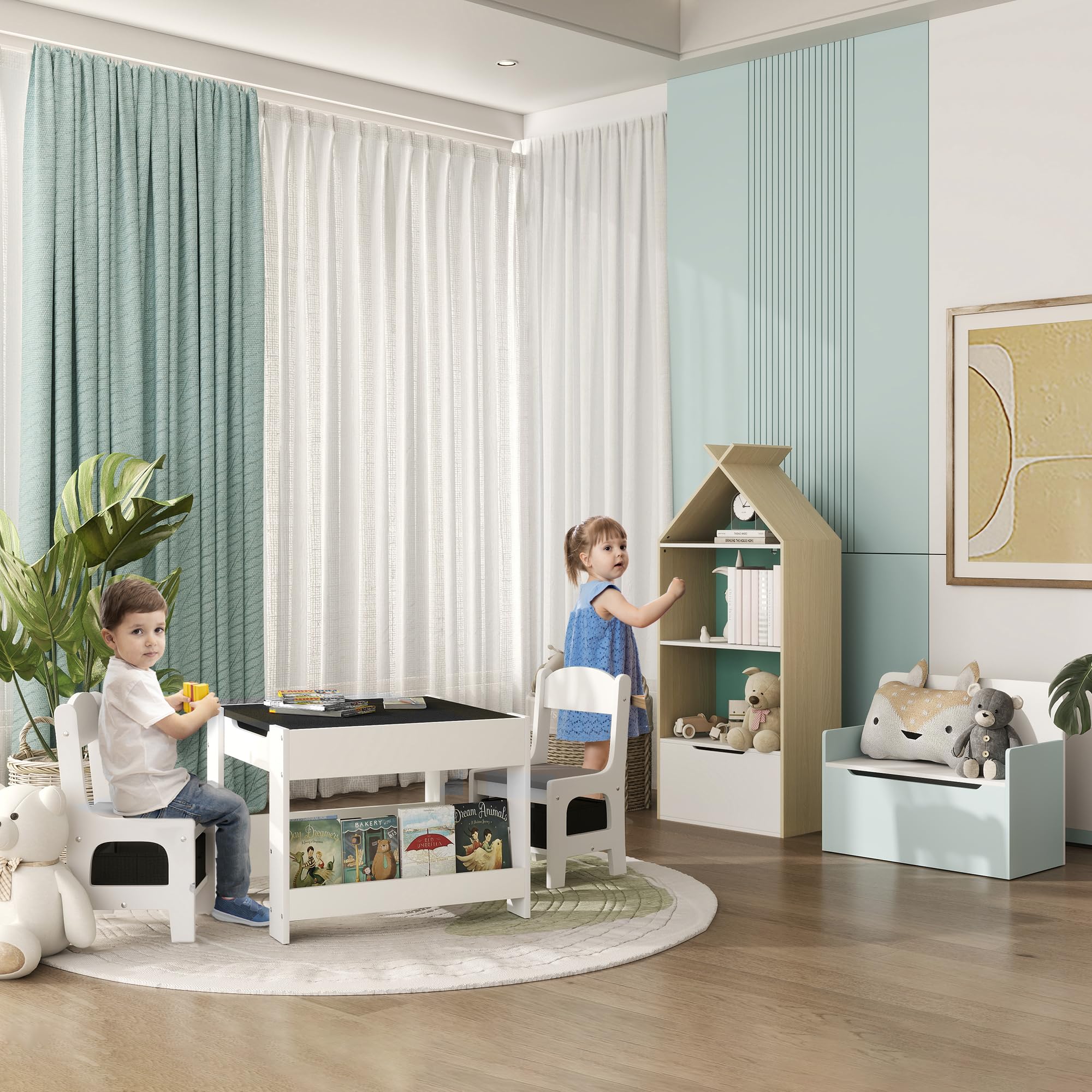 HOMCOM Ensemble 3 pièces Table et 2 chaises pour Enfant avec Plateau Table réversible Tableau Noir, Panier de Rangement, étagères Gris