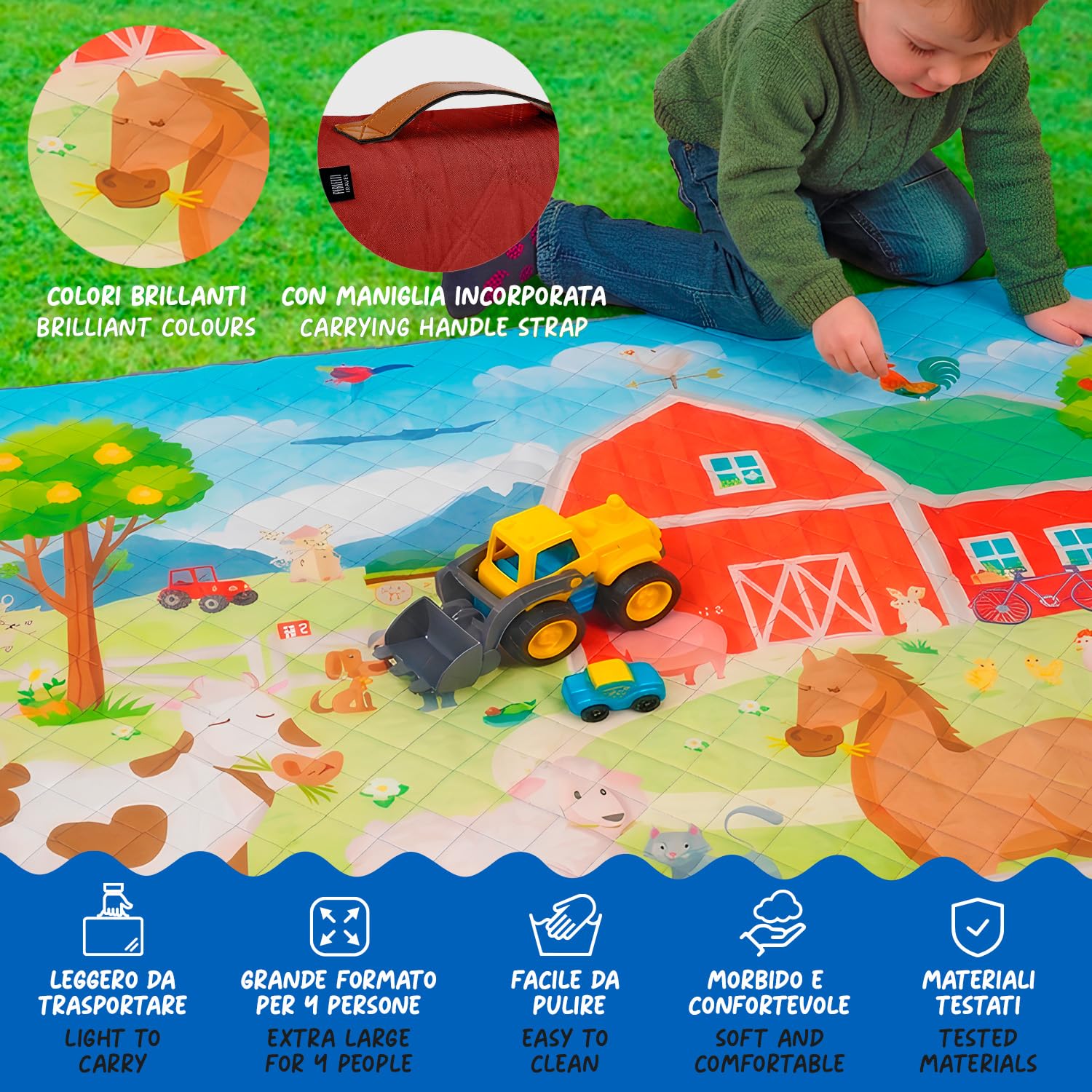 PERLETTI Manta Picnic Impermeable para Niño 150x150 - Manta Camping Picnic Blanket para Playa Parque Jardín Senderismo - Alfombra para Exterior Niños Plegable Portátil Multifunción (Granja, 200x200)
