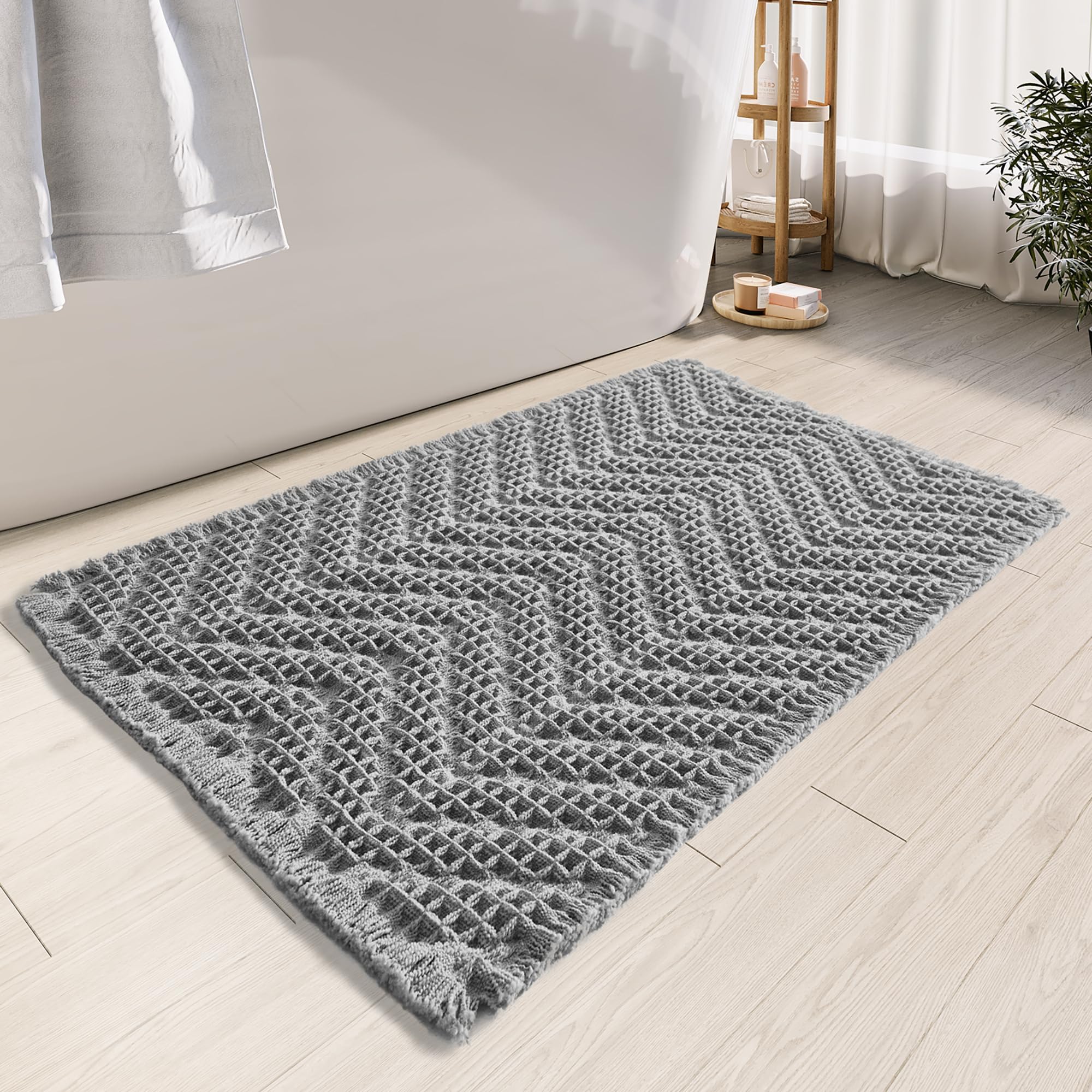 BULULOM Upgraded Bath Mat, Non Slip, Machine Washable - Super Absorbent Waffle Weave, Rubber Backed, Ultra Soft - Gray, 17" x 24"
