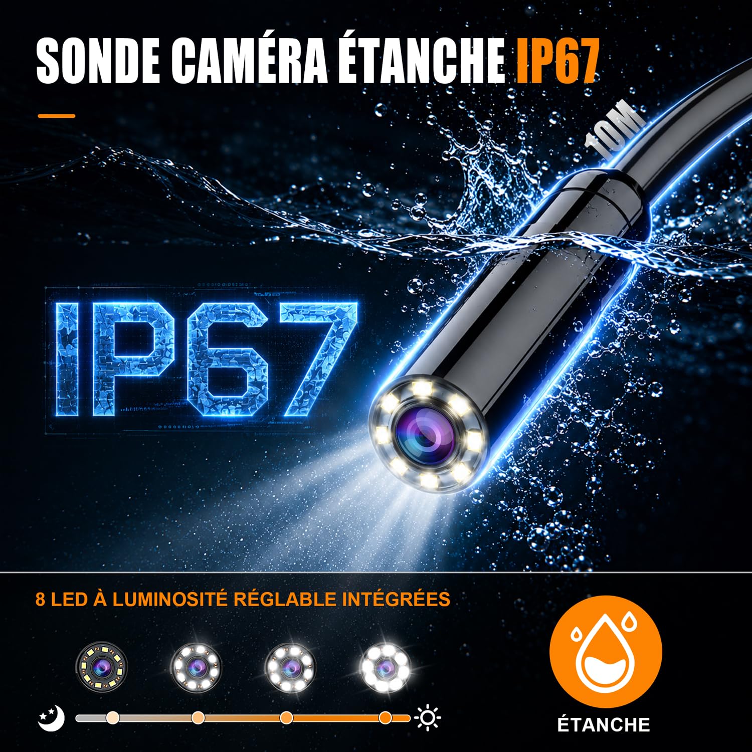SKYBASIC Caméra Endoscopique,avec Écran IPS 4,3 Pouces, Caméra d'inspection des égouts et des canalisations, caméra étanche IP67 en Forme de Serpent, avec 8 LED Réglables, Câble Semi-Rigide de 10M