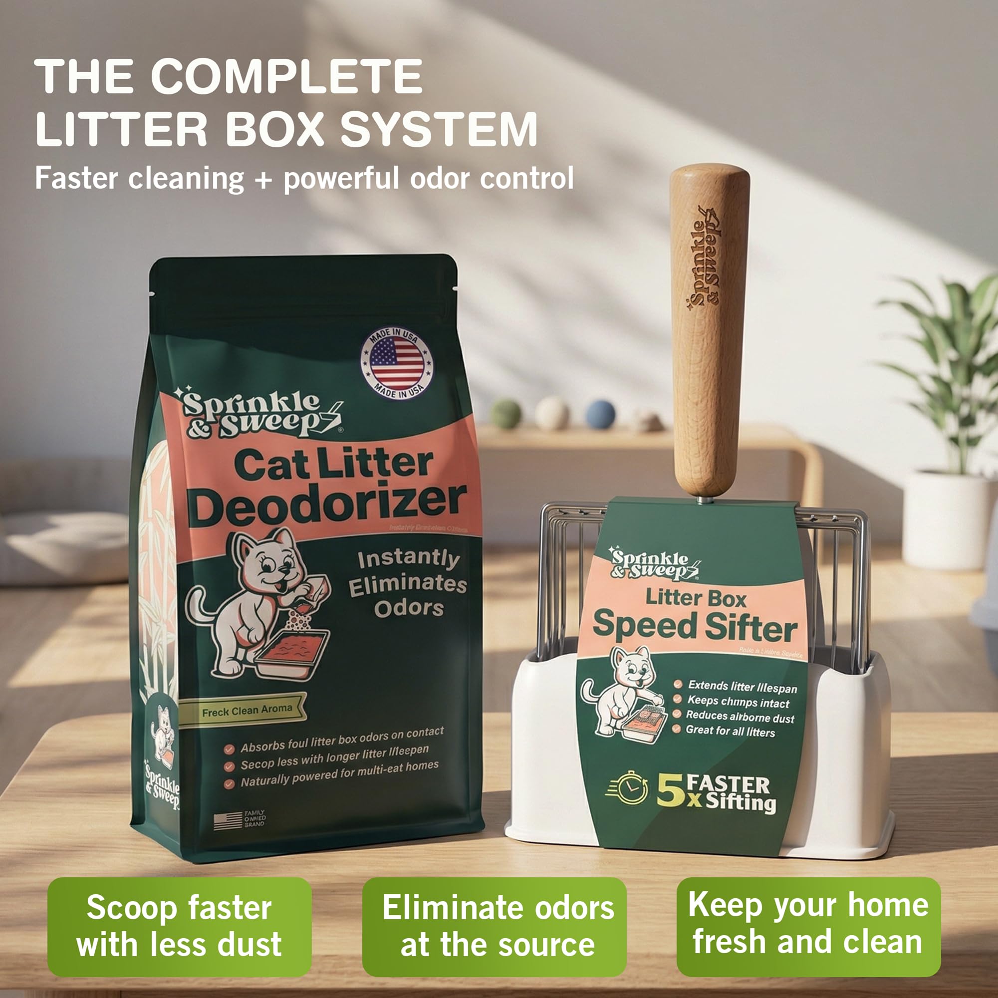 Sprinkle & Sweep Lot de 2 pelles à litière en métal pour chat – Pelle à litière robuste et tamis rapide avec poignée confortable en bois de hêtre – Support lavable pratique pour un nettoyage facile et