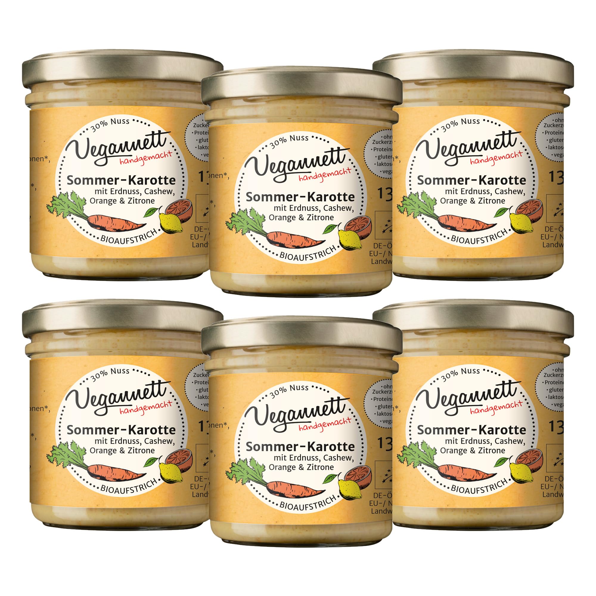 Vegannett Bio Brotaufstrich 6x 135g - Sommer-Karotte mit Cashew und Erdnuss - vegan, glutenfrei, laktosefrei und „ohne Zuckerzusatz“ enthält von Natur aus Zucker