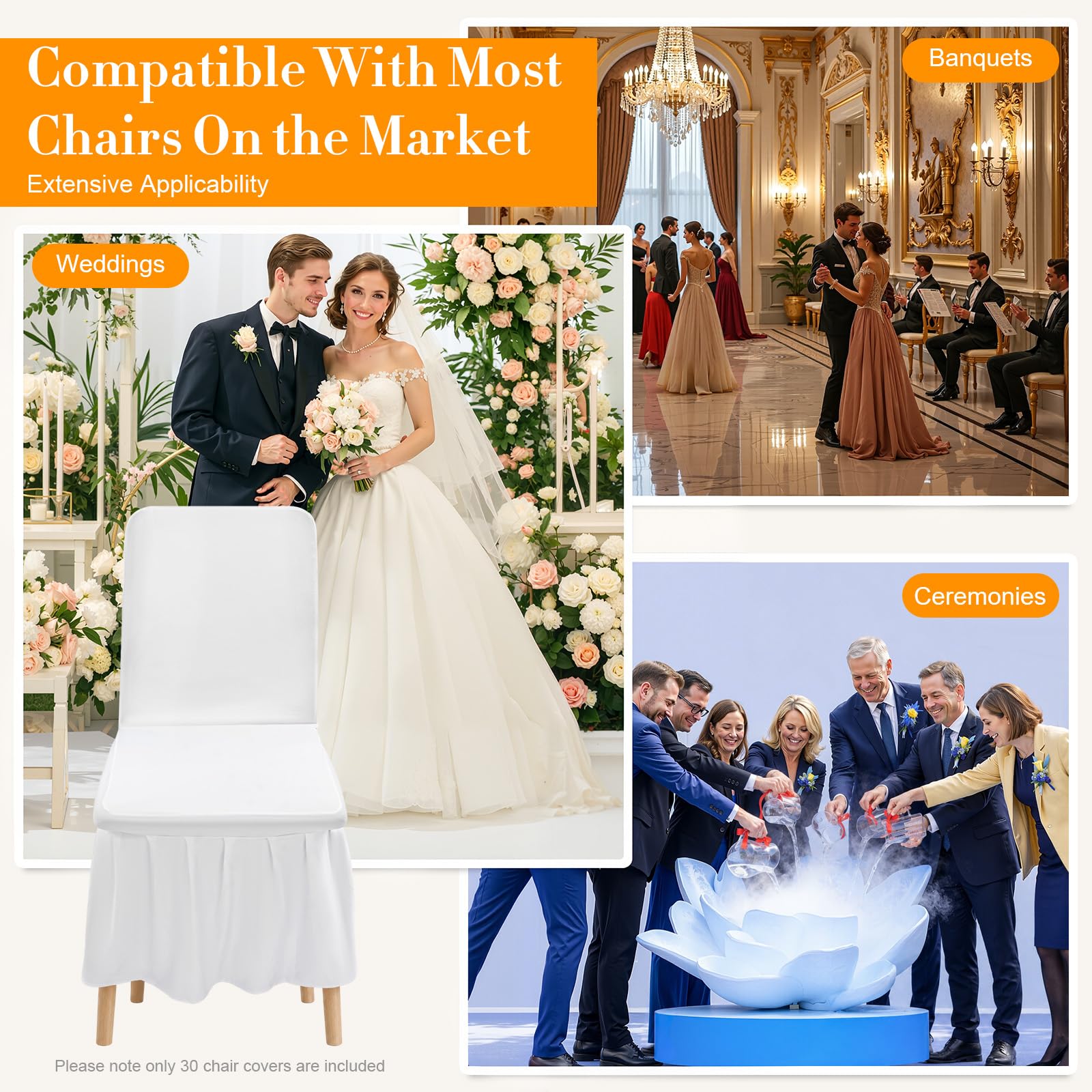 30 fundas protectoras para sillas con falda, para bodas, fiestas, hoteles, restaurantes (blanco)