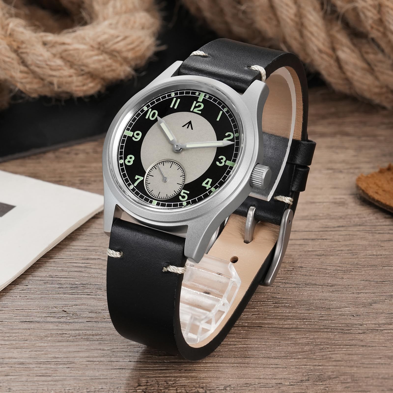 TACTICAL FROG Militado D12 Military Mens Watch VD78 Quartz Sapphire Crystal C3 Super Luminous 36mm Dial Military-Style Dress Watches, 100M Waterproof (White Dial/Leather Strap)