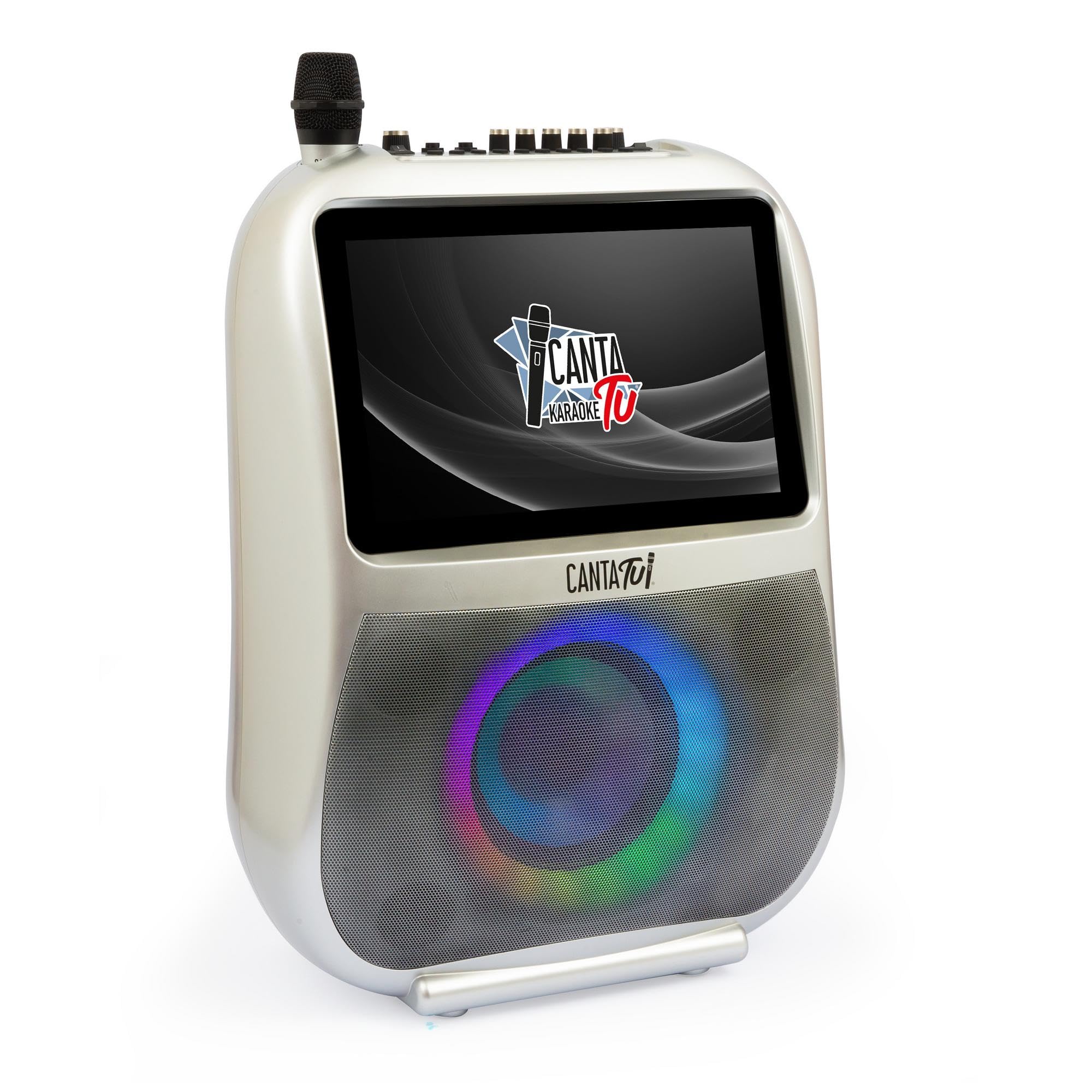 CANTA TU KARAOKE - PRO 2023 Professionale Completo con Microfono Wireless, Display Touch, Connessione Wi-Fi, Effetti Vocali, Luci LED, Batteria Ricaricabile, Voice Changer, Argento