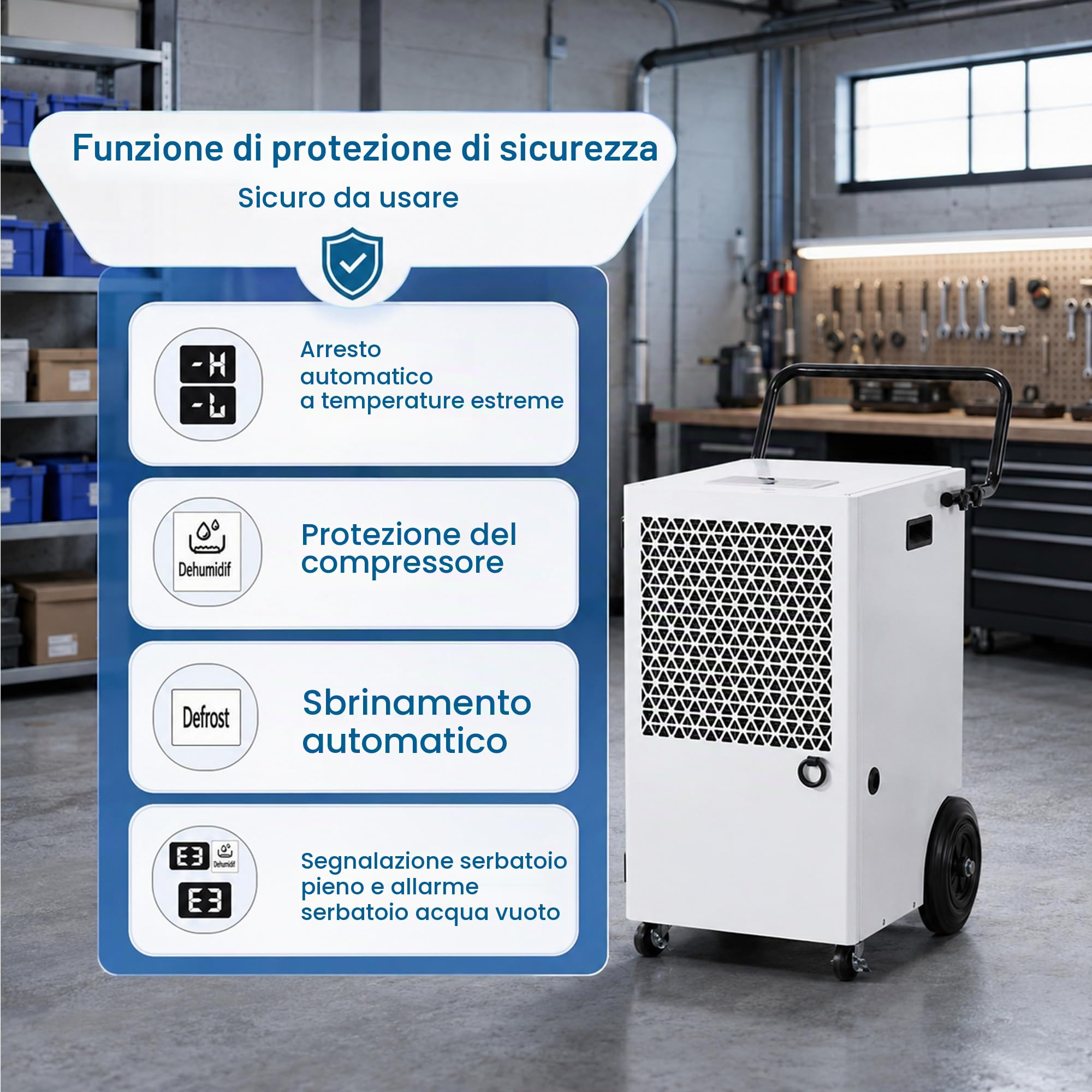 Deumidificatore Professionale Commerciale 120L: Deumidificatore Professionale Scarico Continuo Tubo 2m R290 Compressore 300m²/600m³ per Magazzino Garage Officina Cantina Lavanderia Deposito