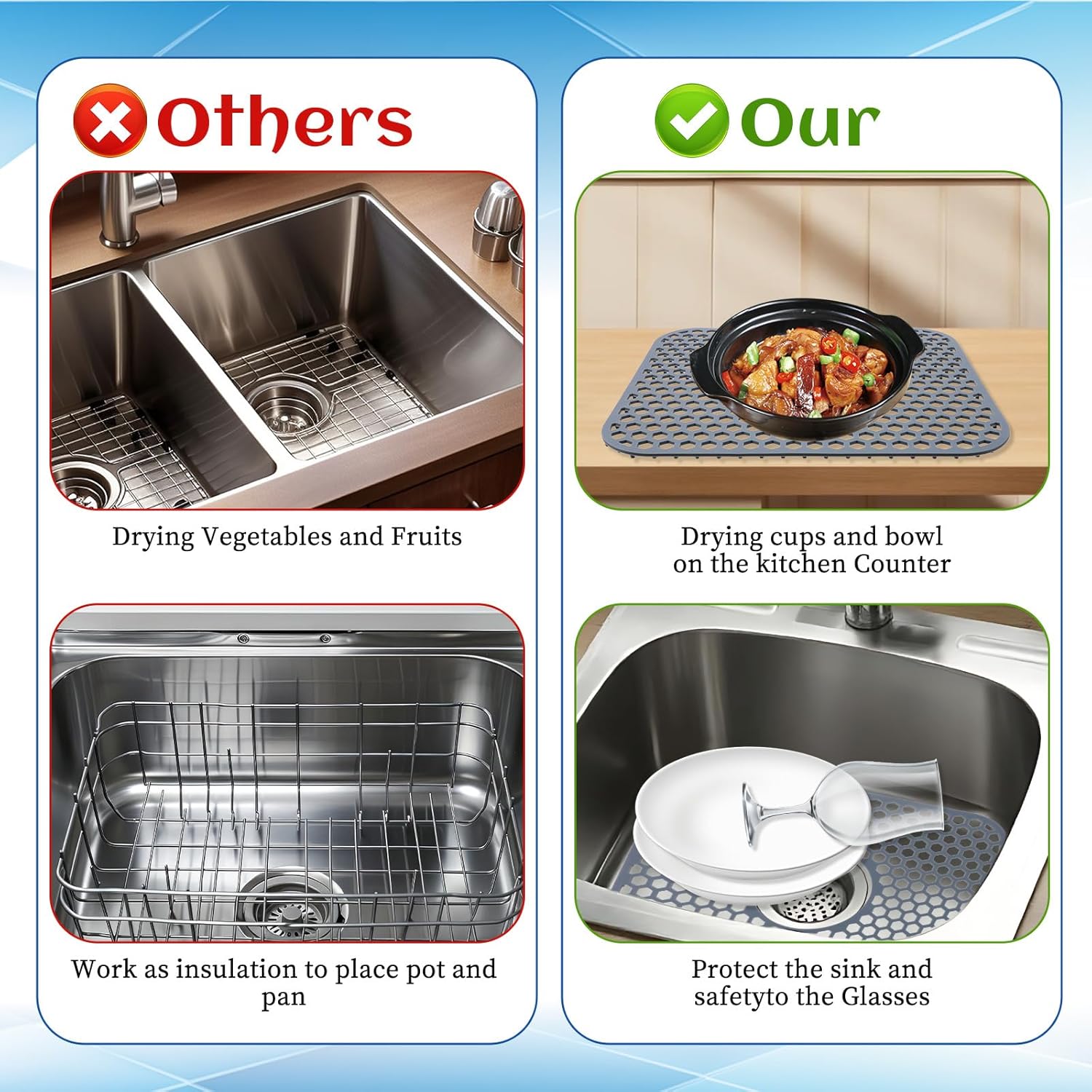 3pcs Grey Kitchen Sink Mats and Sink Saddle Set,13.38 X 11.4inch Non-Slip Heat Resistant Silicone Sink Mat Sink Bottom Grid Sink Divider Center Drain