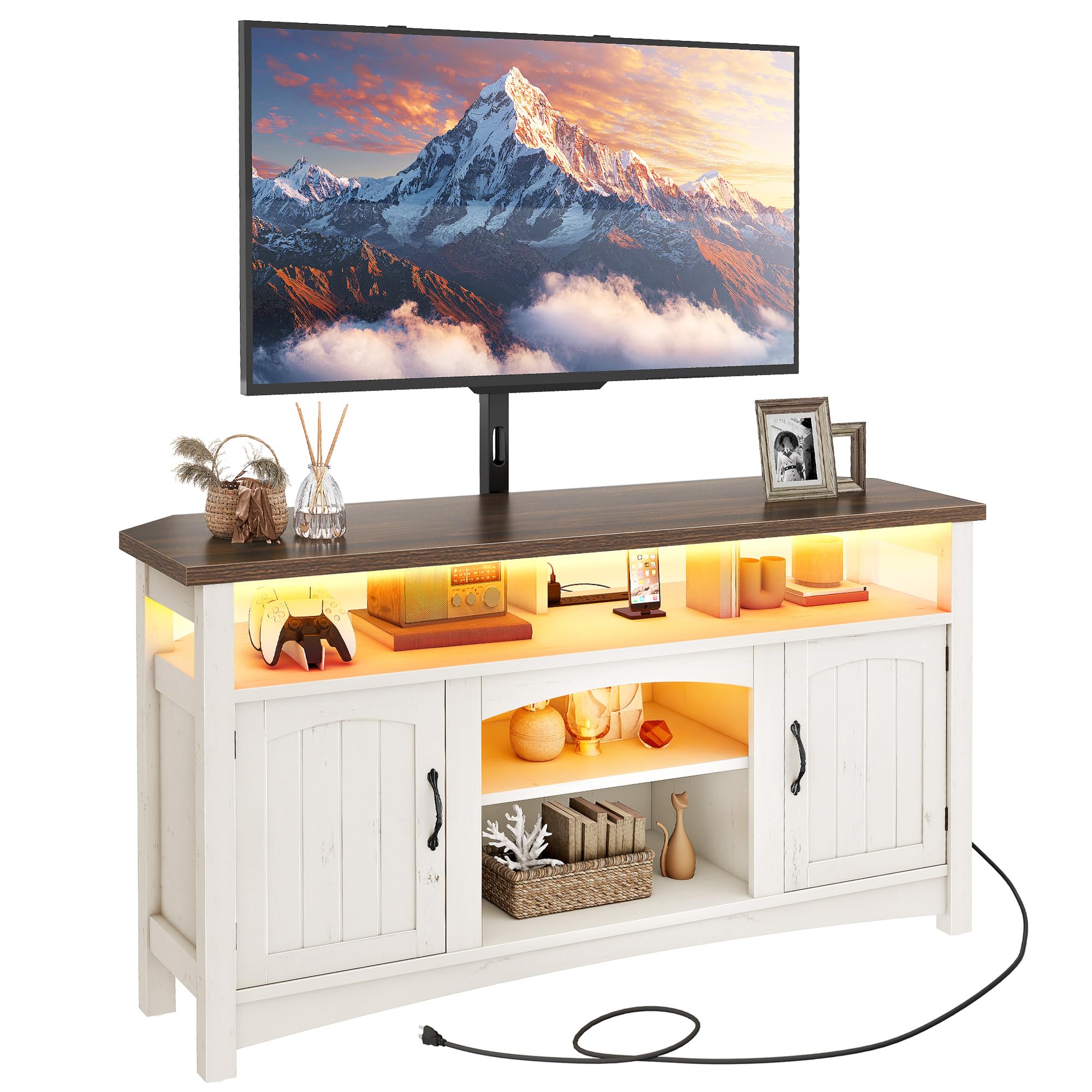 YITAHOME Farmhouse TV Stand for 75/70 Inch TV Entertainment Center with TV Mount, LED TV Stand for Living Room with Storage & Power Outlets, Walnut & Warm White
