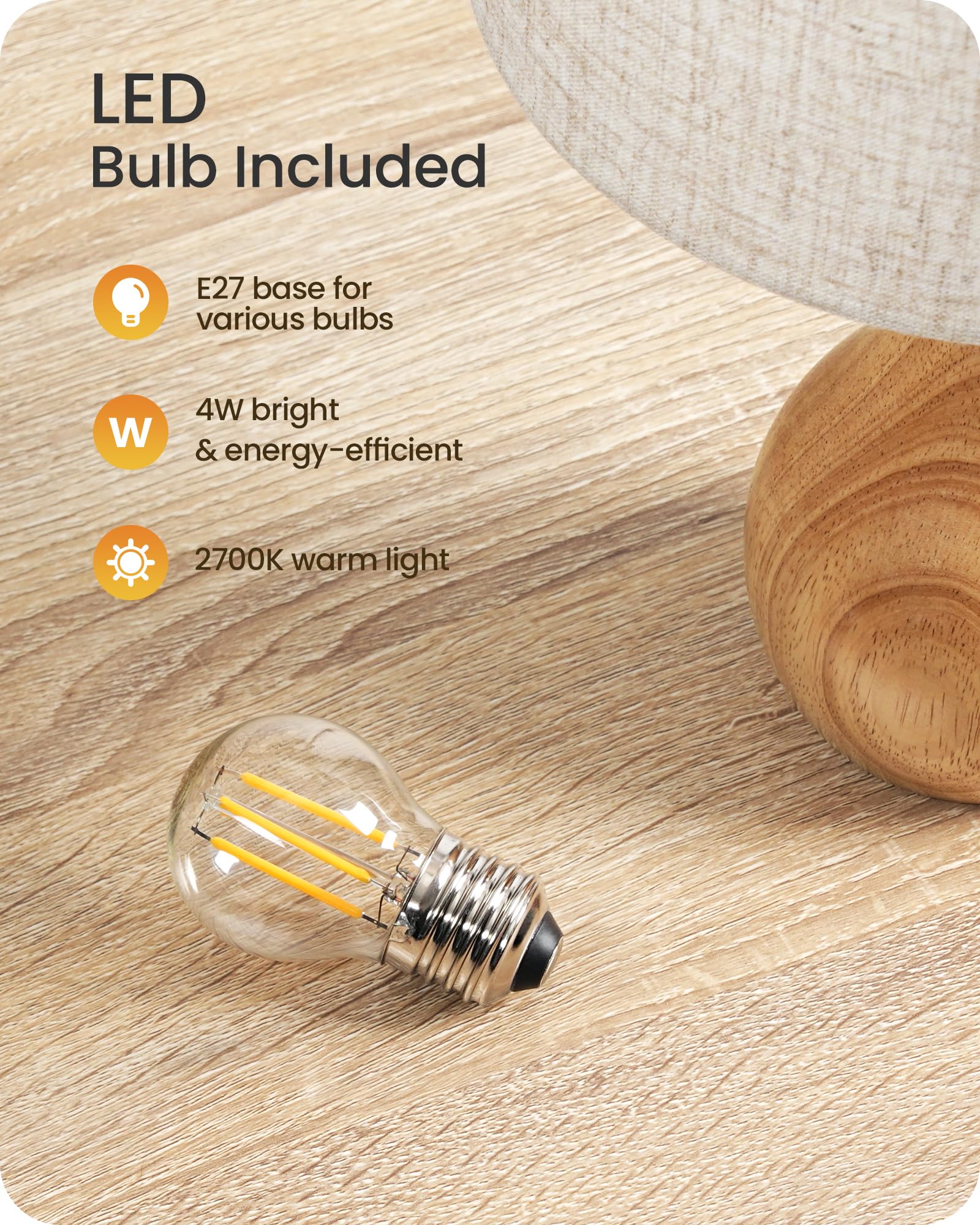 Lampada da comodino in legno, moderna lampada da tavolo per soggiorno, beige | Lampada da tavolo con cavo, lampada da davanzale in lino, E27, 2700 K, per camera da letto, comodino, regalo, hotel
