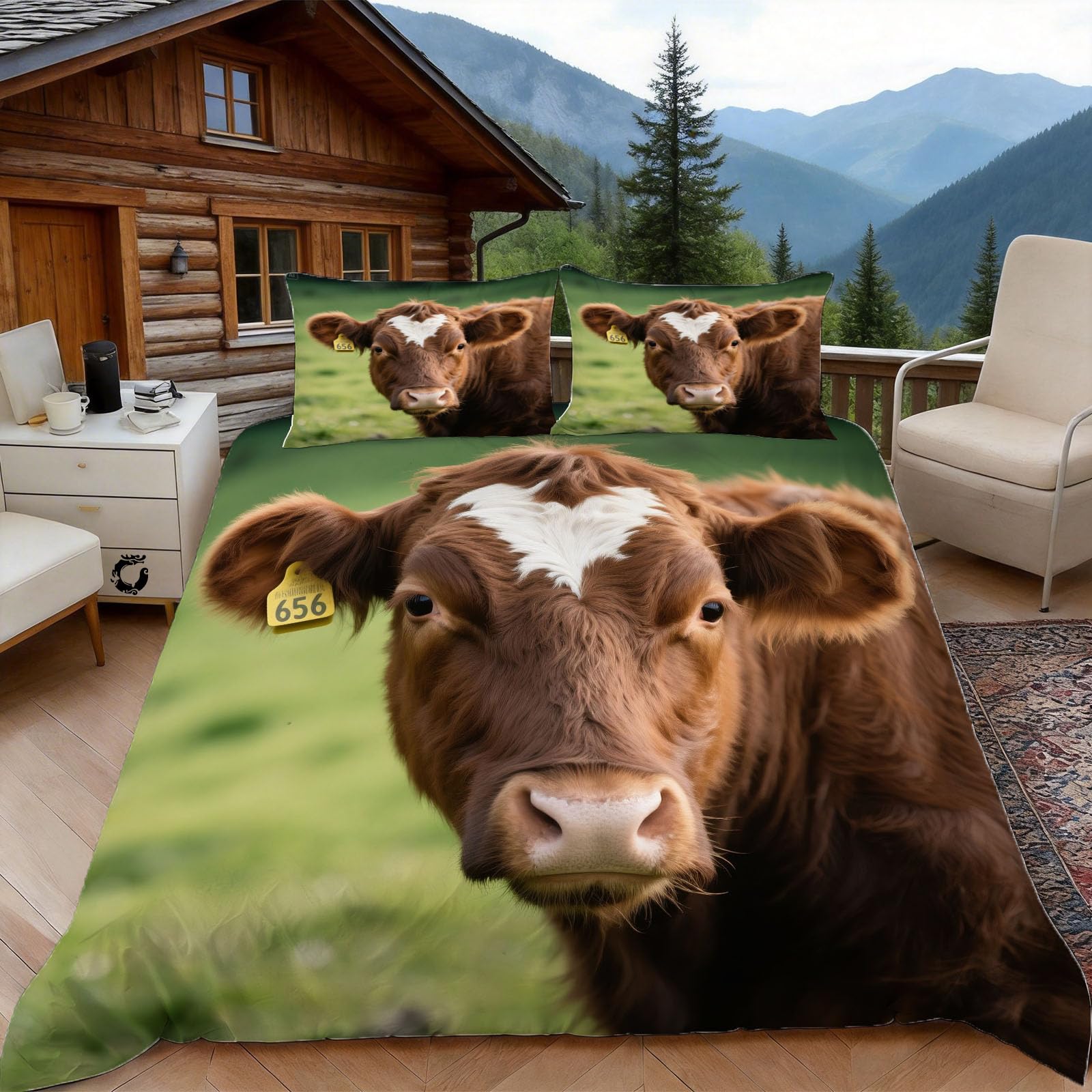 Housse de couette 220x240 imprimé vache en microfibre douce et zippée pour lit 2 personnes