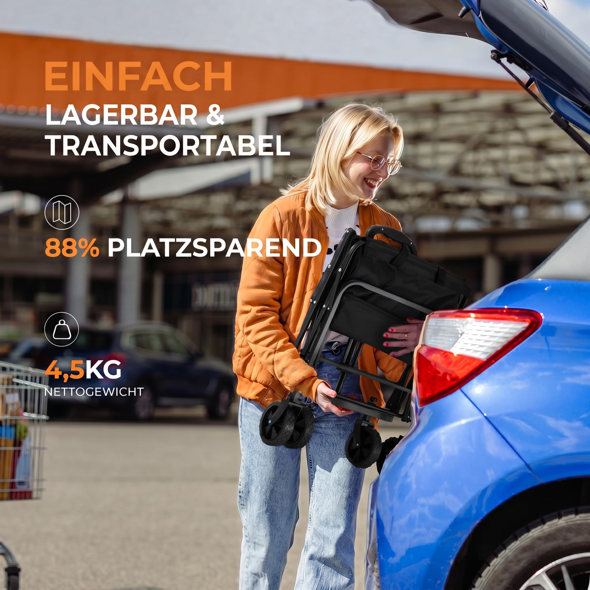 PASAMIC Carrello pieghevole 100L100kg, carrello pieghevole e robusto, con ruote per tutti i terreni e portabicchieri, leggero per il trasporto di cane, shopping, spiaggia, campeggio, nero