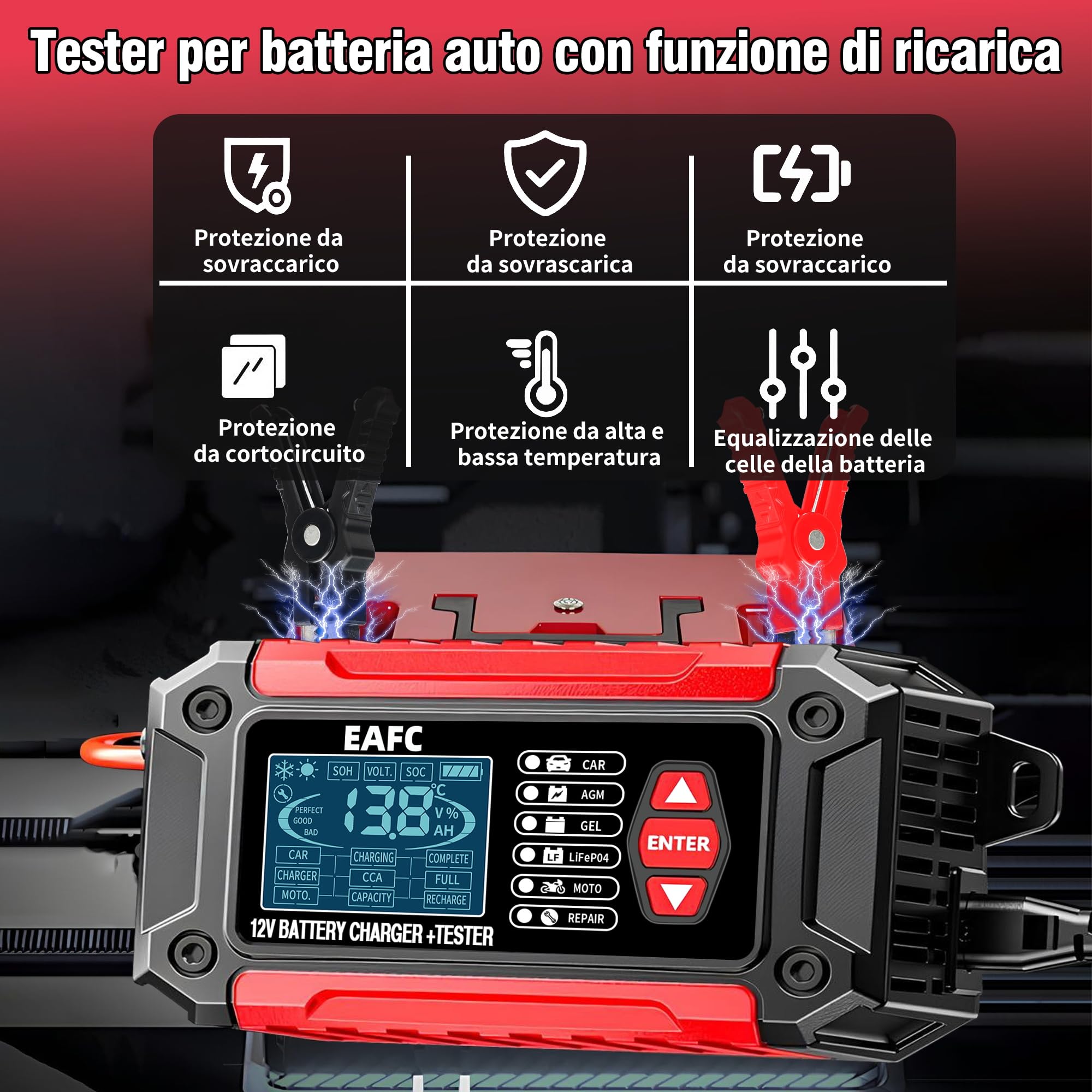 Tester Batteria Auto, 12V 6A Tester per Batterie, del Caricatore e LiFePO4 Strumento Diagnostico della Batteria per Auto Moto Barche SUV e Camion