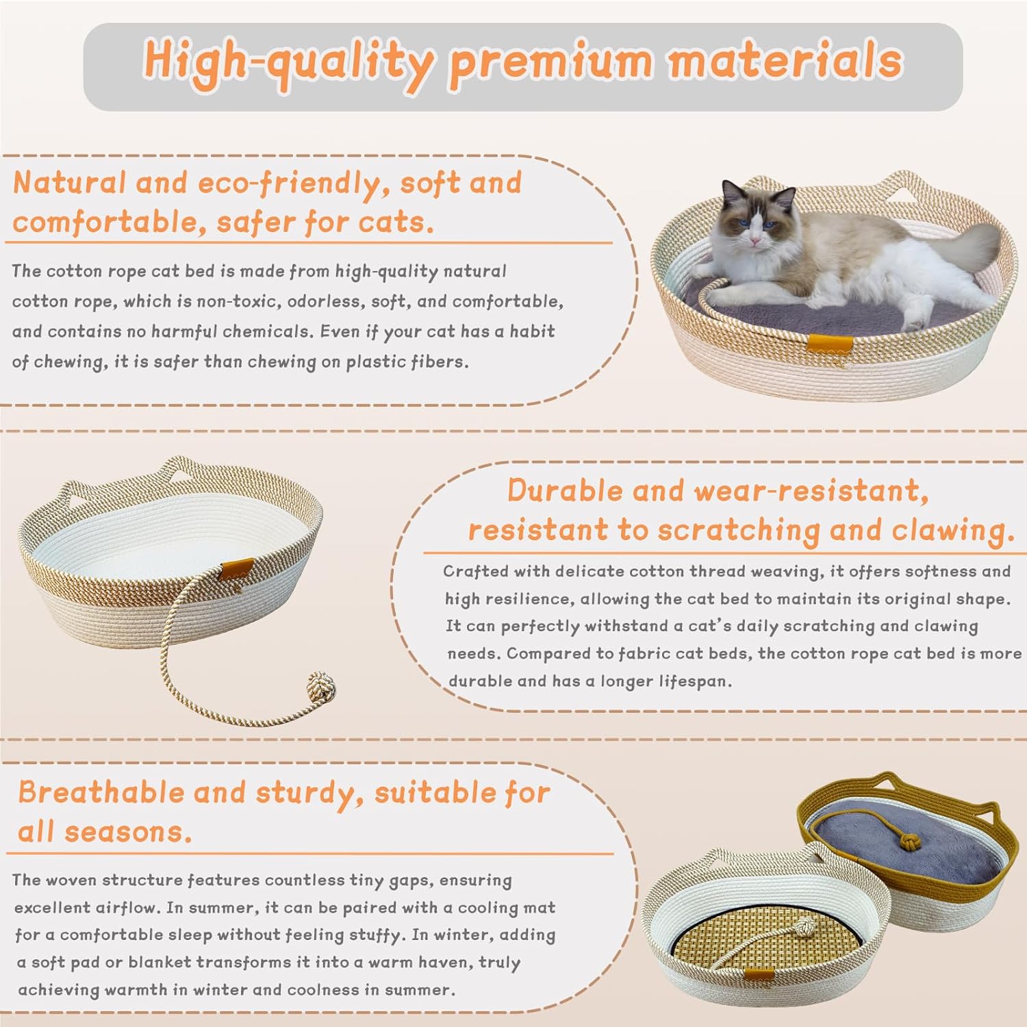 Pet Beds for Cats, Cat Beds for Indoor Cats 19.69"×13.78"×6.30",Cotton Rope Oval Cat Bed for All Seasons (with Cooler Straw Mat and Cotton Mat Both), Suitable for cats＆dogs (Two-Tone - Plush, Medium)