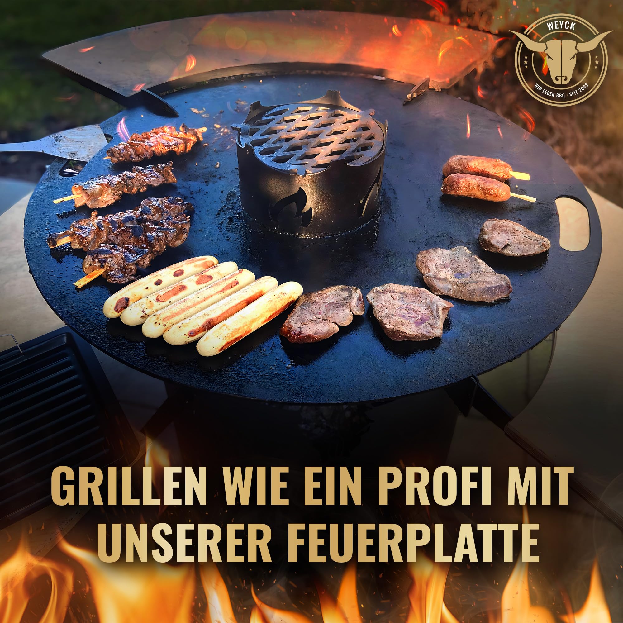 Feuerplatte für Kugelgrill Handgriffe 80 cm, 5 mm Stärke #02 – INKL. Grilleinsatz, Grillplatte für Feuertonne & Feuerschale, Massive Stahlplatte Plancha Grillring für BBQ & Teppanyaki
