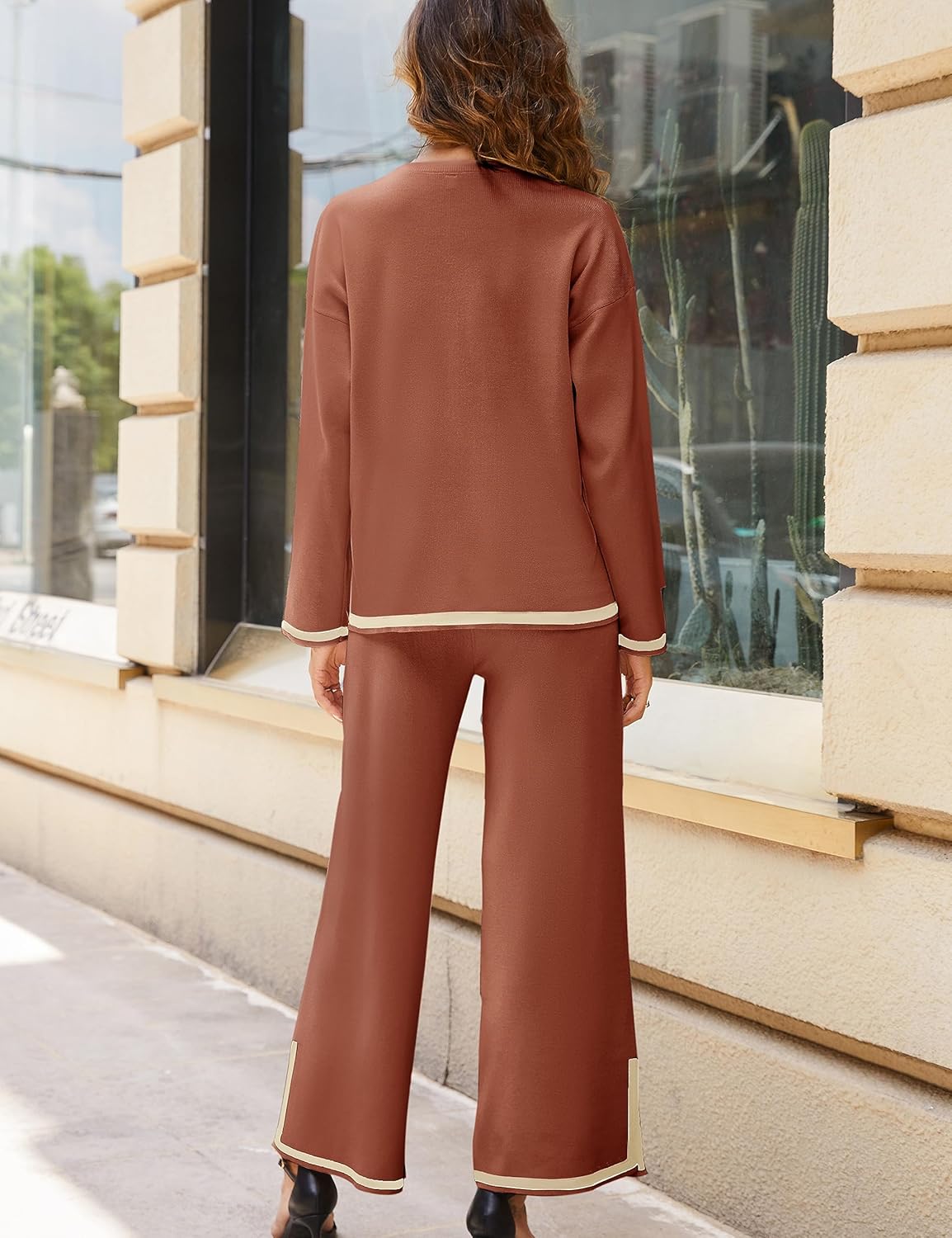 Faleave Women's Knit 2 Piece Outfits Long Sleeve Sweater Pullover Tops Wide Leg Pants Tracksuits Lounge Set - Image 7