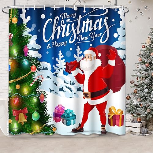 Miniatura 2 de ArtSocket Juego de baño con cortina de ducha y accesorios de alfombras, regalo de árbol de Navidad de Papá Noel, cortina de ducha de nieve, Navidad