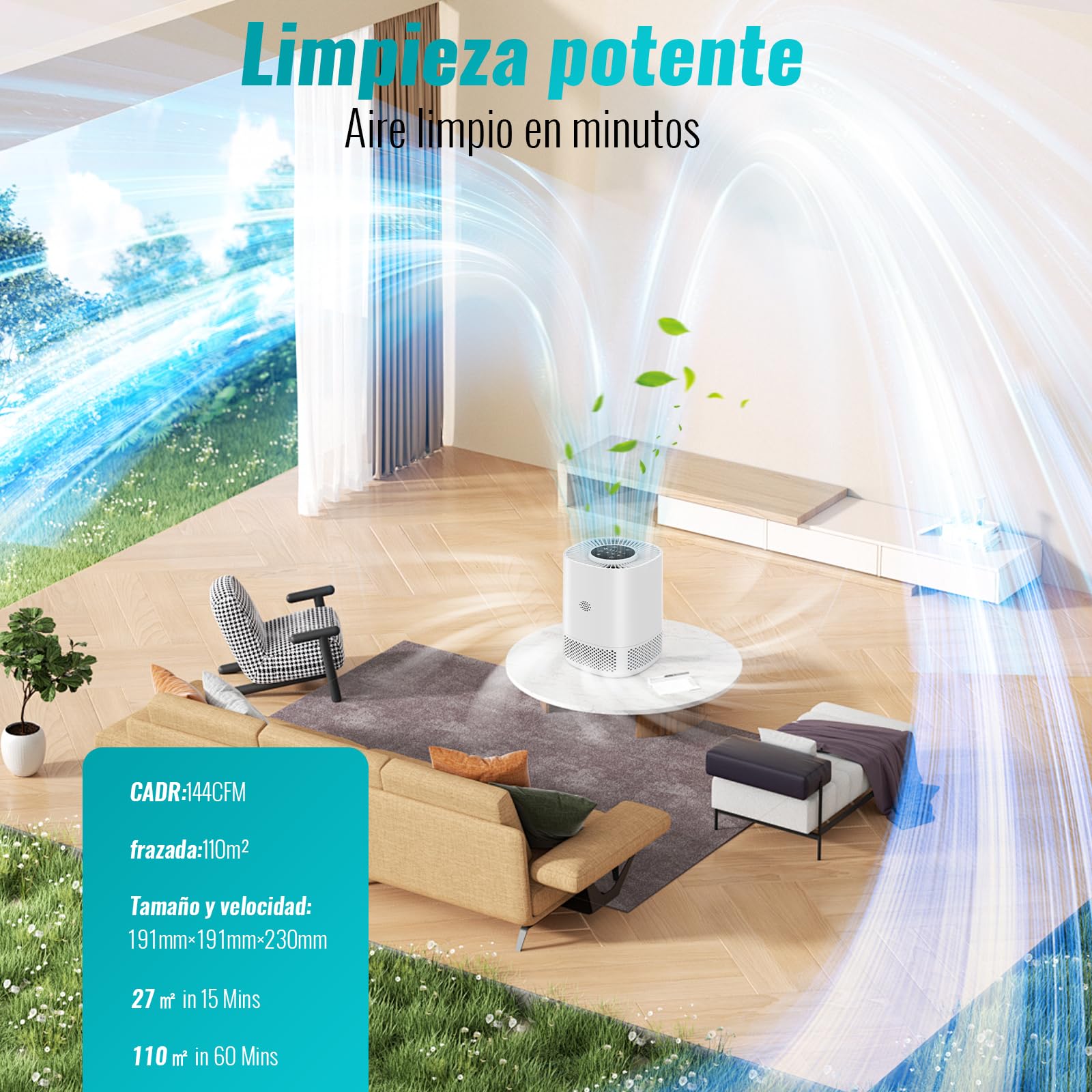 Purificador de Aire con Filtro HEPA H13, Puede Filtrar el 99,97% de Polvo y Humo, Área de Cobertura de Hasta 110 m², Modo de Suspensión de 20 dB, Tres Velocidades de Viento Adecuadas para Hogares
