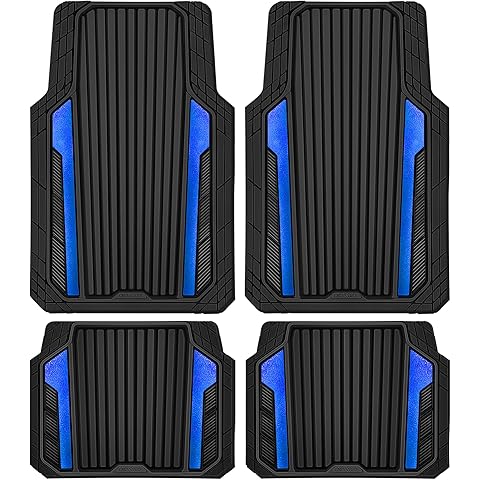 CAR PASS Heavy Duty Rubber Car Mats Metallic,Aluminum Film All Weather Floor Mats Waterproof Universal Trim to Fit Automotive SUV Sedan Van 4 Piece Anodized Deep Dish Two-Tone Sporty Black Blue Chrome