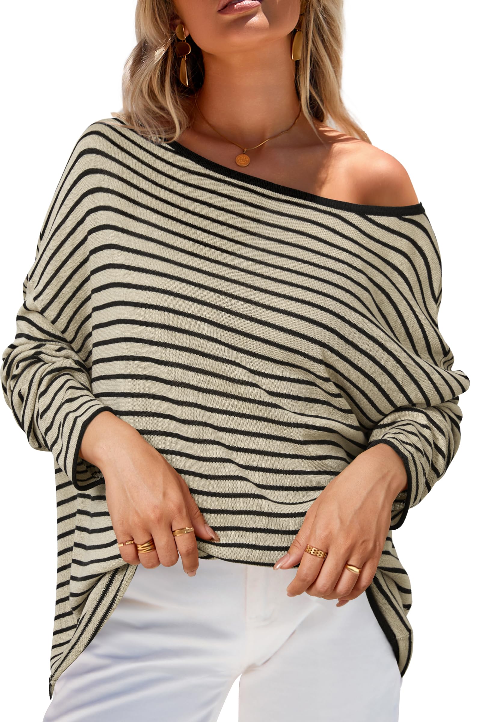 Arach Cloz Womens Linen Blend Striped Spring Casual Off Shoulder Oversized Sweater Tops 2026