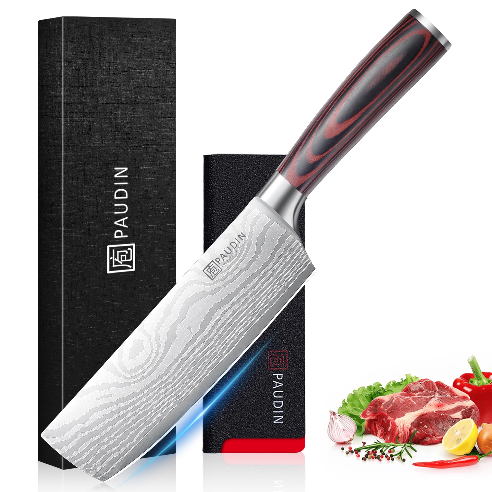 PAUDIN Japanisches Messer, Klingenlänge 17 cm Nariki Messer Hackmesser Kochmesser aus hochwertigem Edelstahl, asiatisches Mehrzweck Küchenmesser für Haus und Küche mit ergonomischem Griff