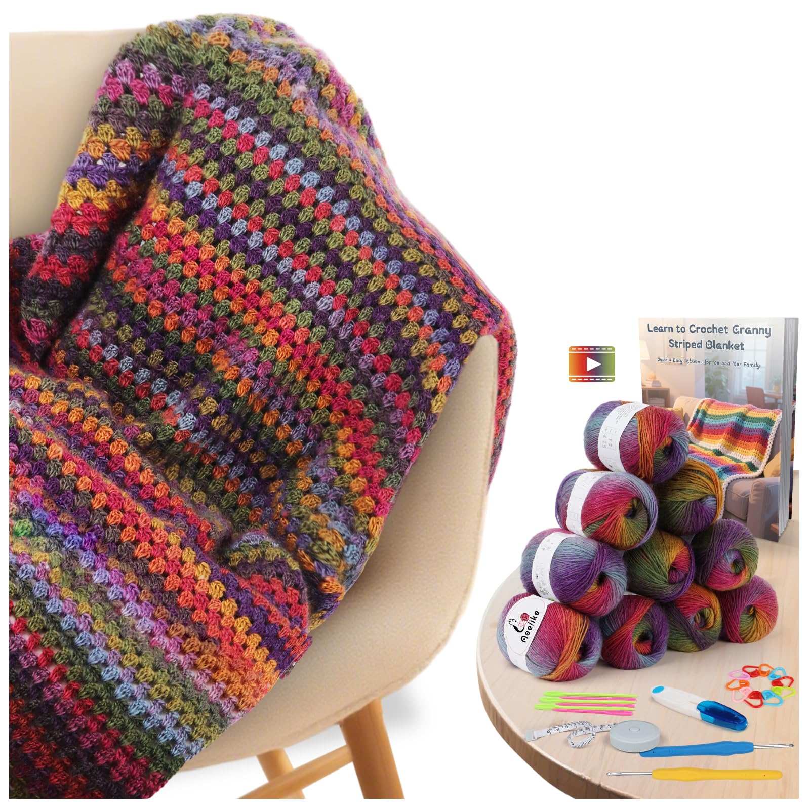 Aeelike Kit all'uncinetto per principianti, coperta arcobaleno sfumata, kit completo per uncinetto con filato di lana abbastanza caldo e caldo, video tutorial, kit per lavoro a maglia facile per
