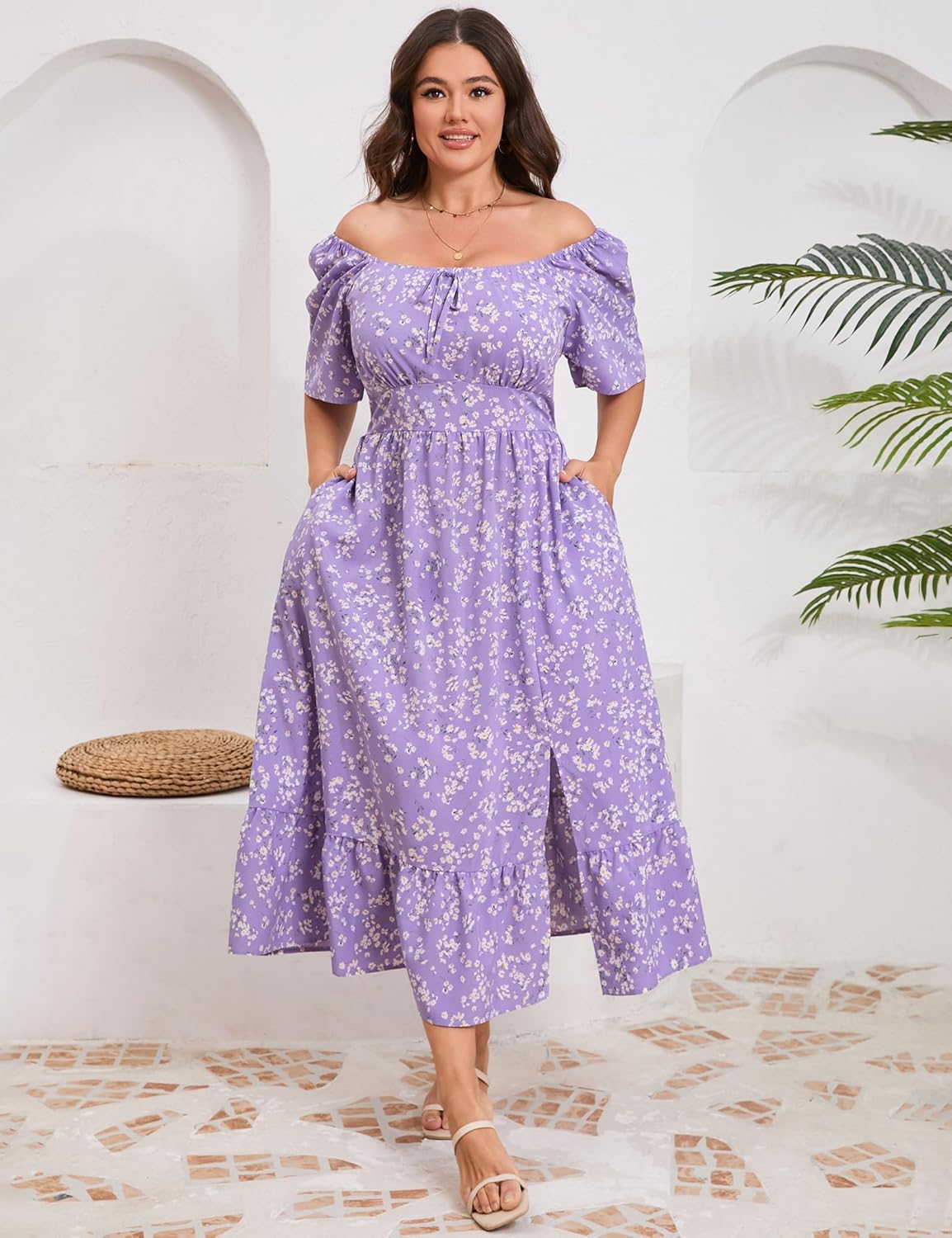 ShopWonder Womens Plus Size Square Neck Floral Print Summer Dress Ruffle Short Sleeve Tie Front Slit Hem Boho Maxi Dress - Image 3