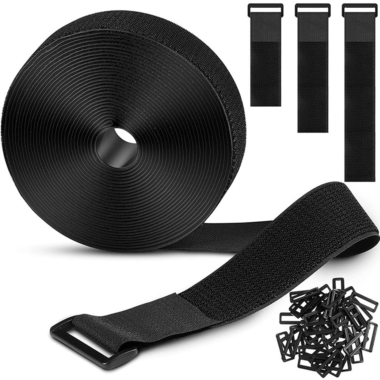 3.8cm*5m Heavy Duty Cinch Straps with 25 Buckles, Cut-to-Length Hook and Loop Strips, Adjustable Long Cable Ties for Home and Office Storage(Black)