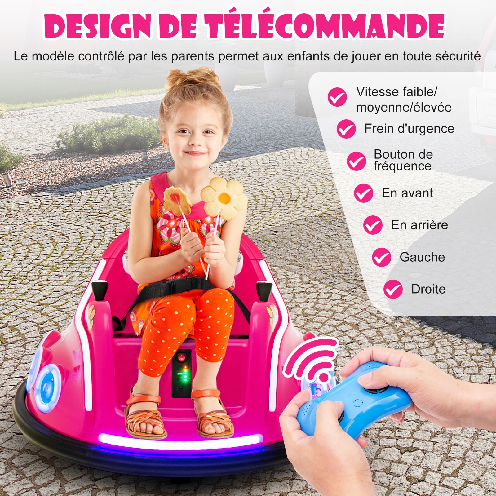GOPLUS Voiture Électrique Enfants 1 Place 12V avec Lumière, Musique, Rotation à 360º avec Télécommande Parental, Auto-Tamponneuse Electrique pour Enfants 3-8 Ans, 73X73X43CM(Bleu) (Rose)