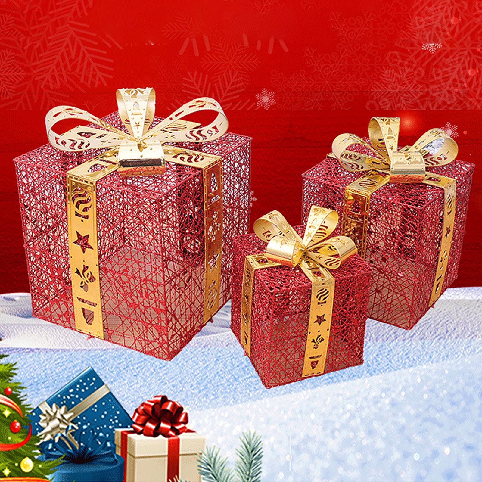 Cajas de regalo para Navidad, Juego de 3 cajas decorativas de cajas de regalo iluminadas navideñas, for decoración del hogar interior de vacaciones(Rosso)