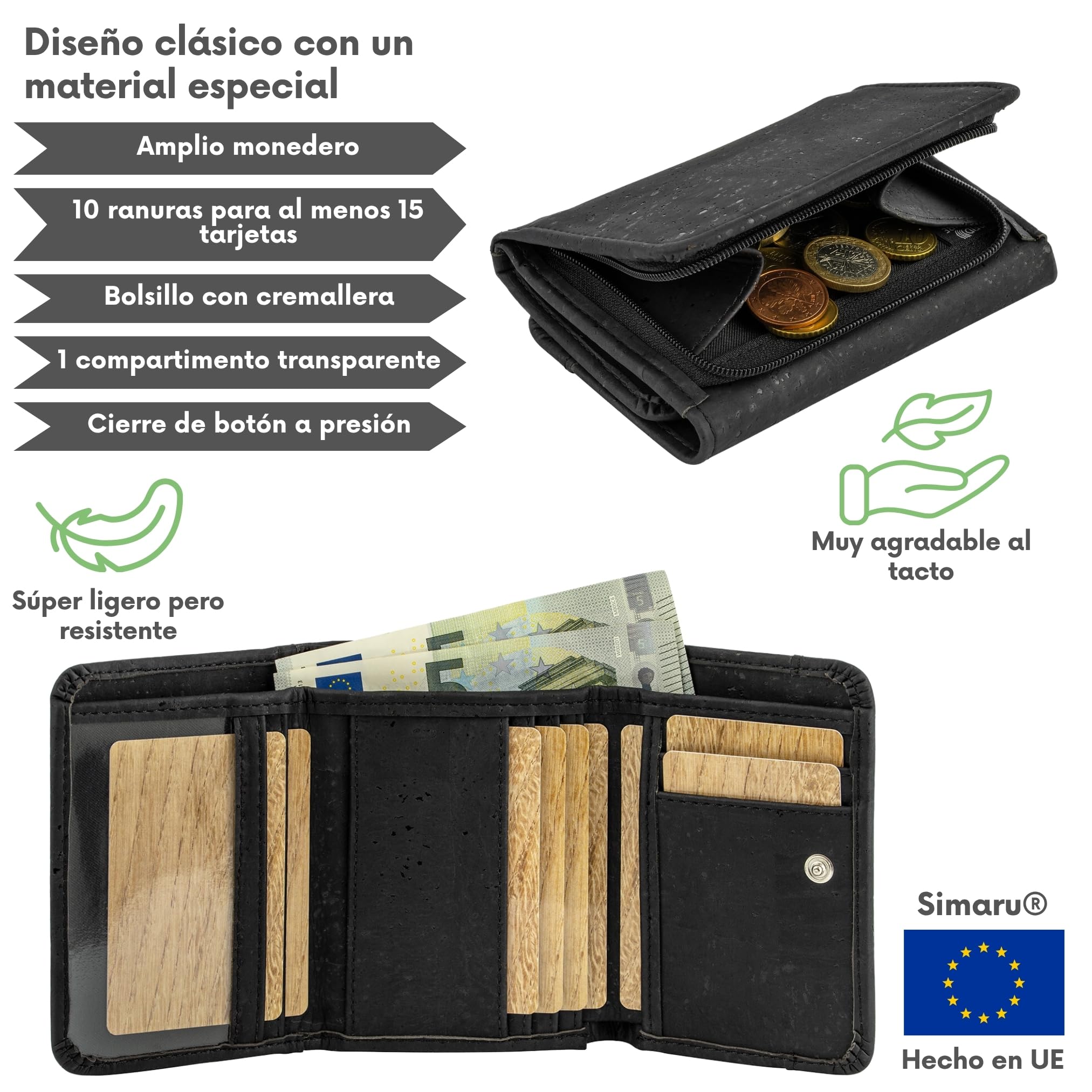 Simaru Cartera de Corcho para Mujer con Protección RFID, Monedero Vegano para 9 Tarjetas con Compartimentos para Billetes y Monedas, Sostenible y Fabricada en Europa (Negro)