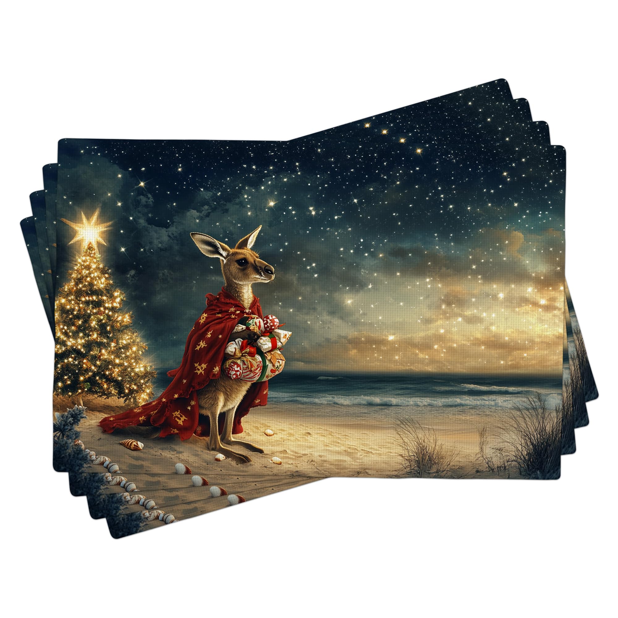 Winter Holiday Kangas Placemats Set of 4, Red Cute Animal Table Mats for Christmas Dining, Non-Slip Washable Indoor Outdoor Decorative Placemats 18x12 Inch