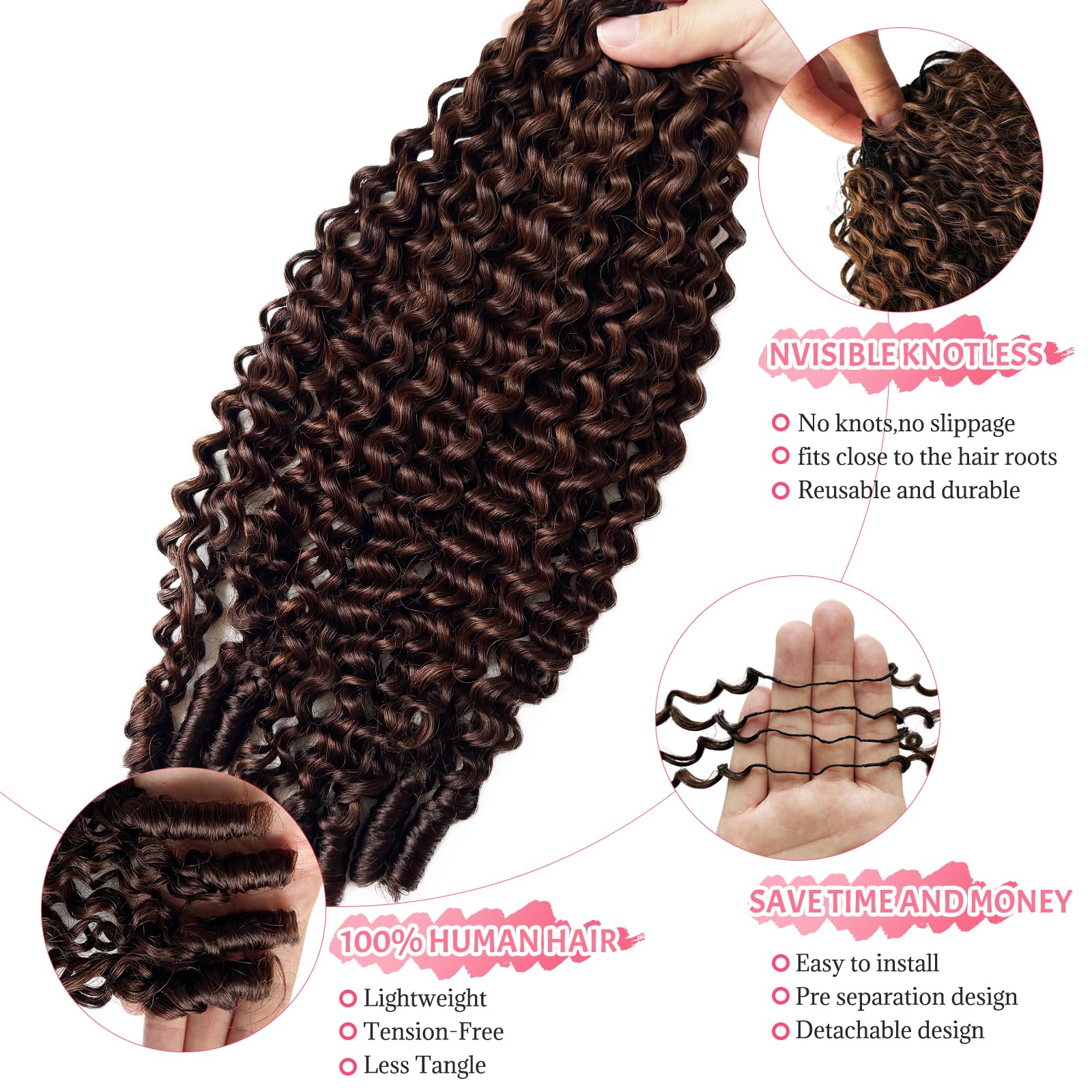 Photo 1 of Micro Pre Looped Crochet Human Hair Extensions Jerry Curly Pre-Separated Invisible Feather Line Crochet Hairs 60g Pre Separated Knotless Chocolate Brown Burmese Curly Corchet Human Hair for Women