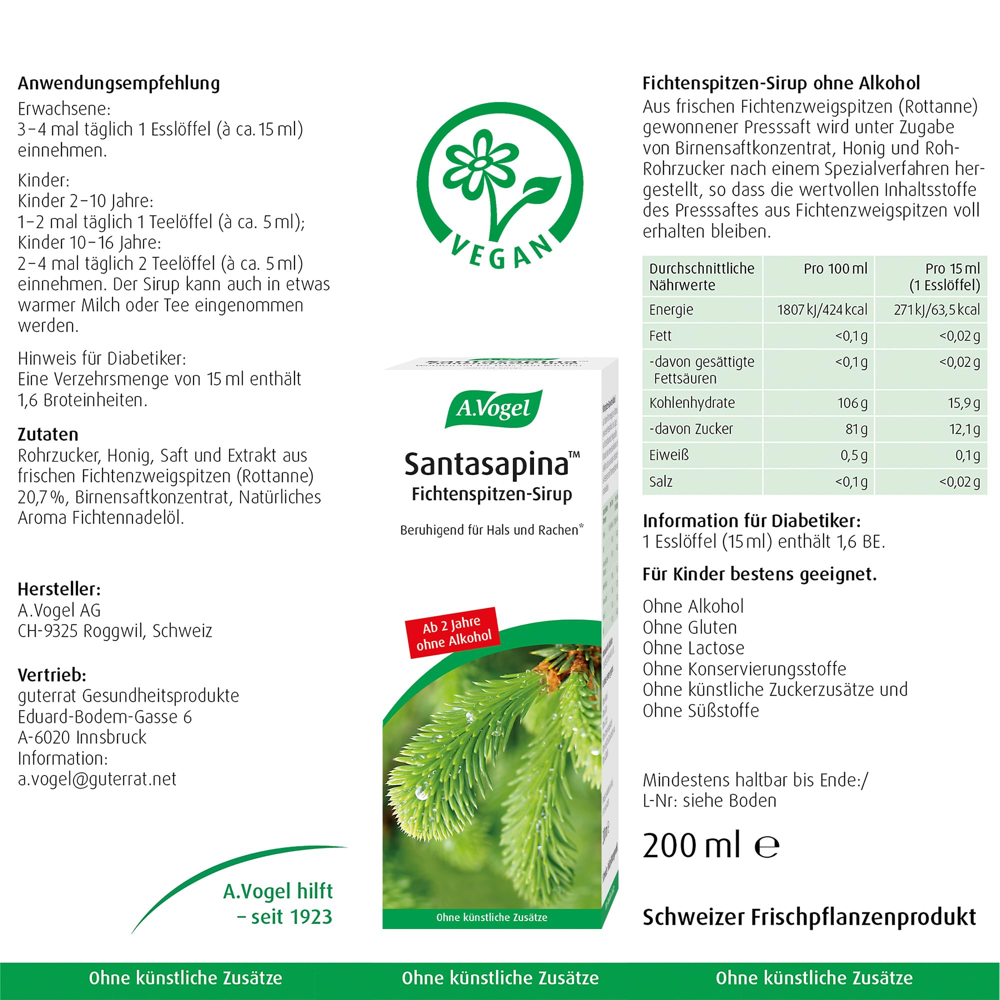 A.Vogel Santasapina Fichtenspitzen Sirup 6 x 200 ml, beruhigend für Hals und Rachen, ohne Alkohol und Zuckerzusätze, für Erwachsene und Kinder ab 2 Jahren