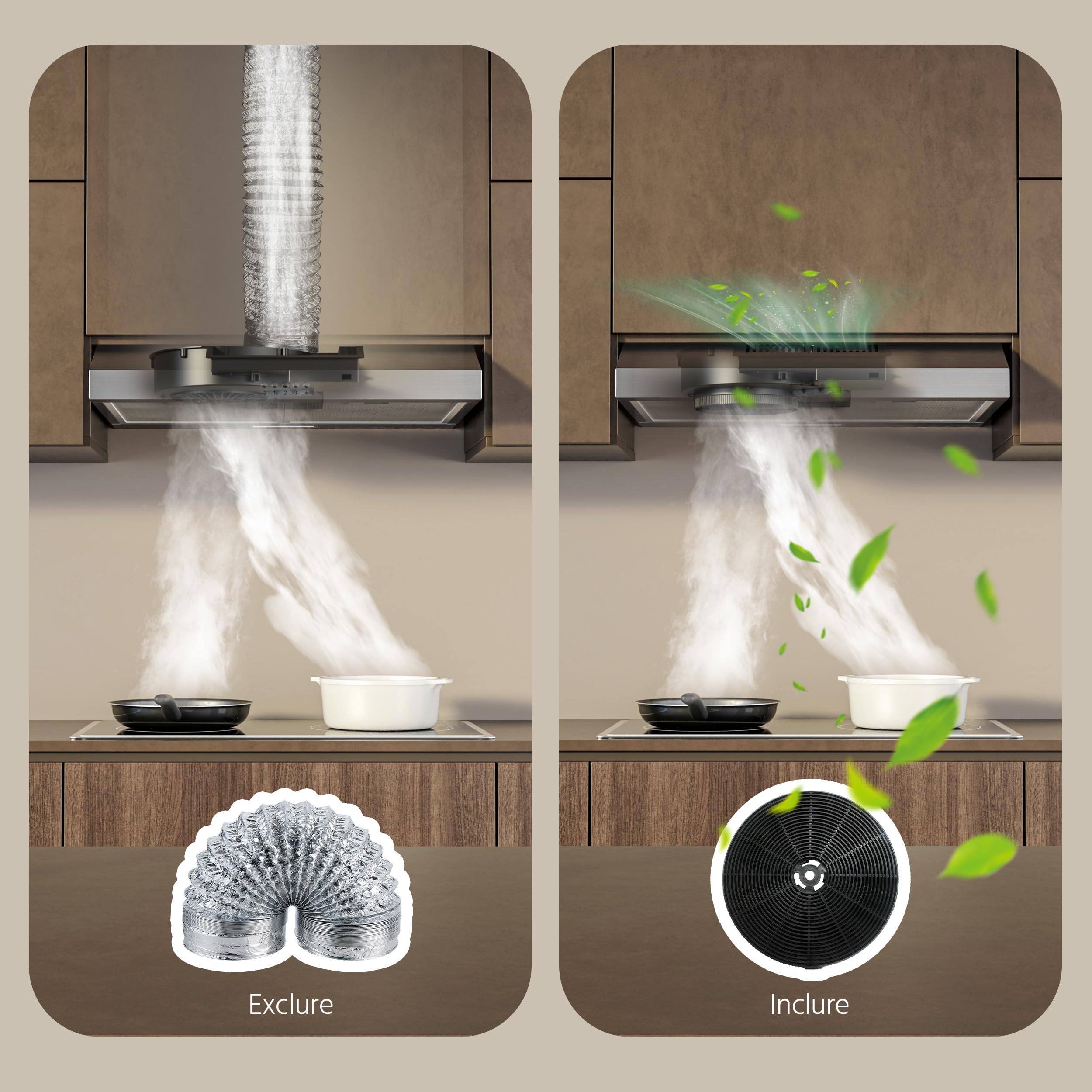 FIREGAS Hotte de Cuisine 60cm A++, Hotte Aspirante Inox Silencieuse avec Moteur sans Balais, 3 Vitesses, Éclairage LED, Mode Recyclage ou Évacuation, Idéal Petites Cuisines