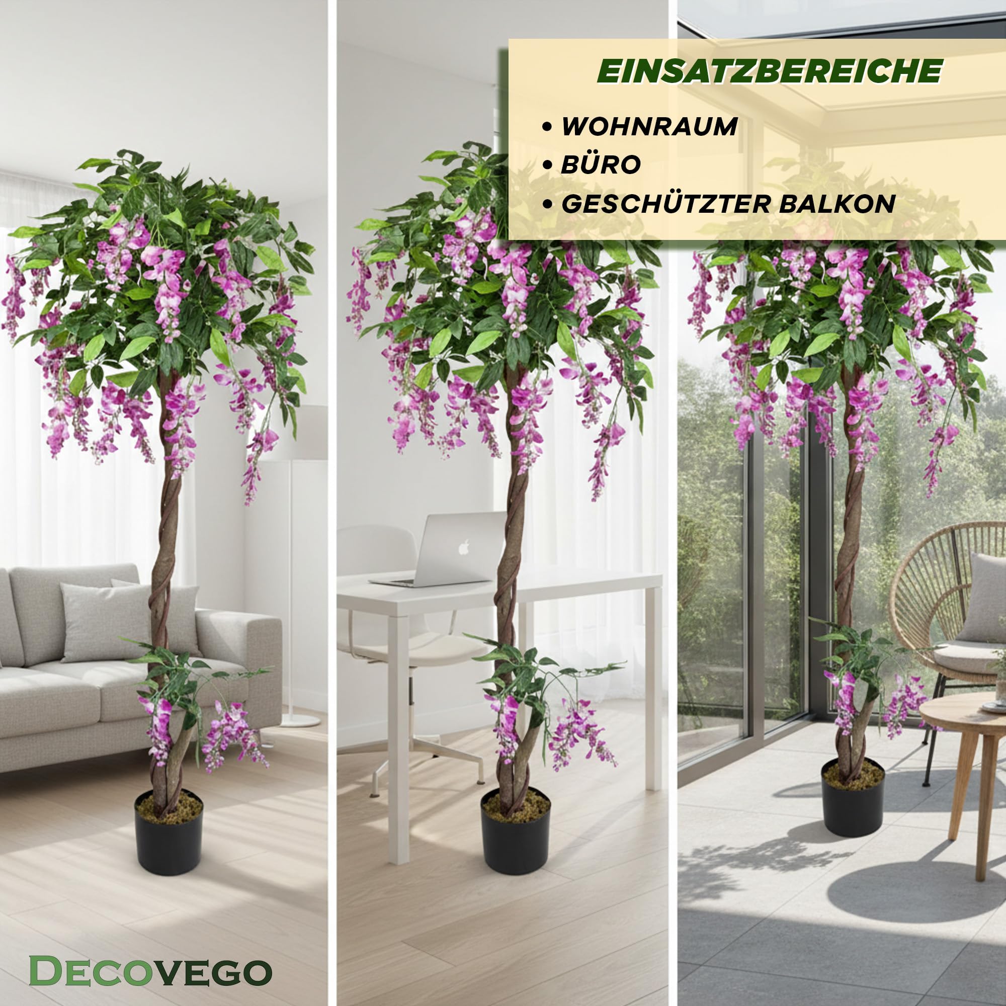 Amazon.de: Decovego Blauregen Wisteria Glyzinie Kunstpflanze, realistischer  Kunstbaum 160 cm, Deko fr Wohn- & Brorume, Stamm aus Echtholz,  Allergikerfreundlich & Pflegeleicht