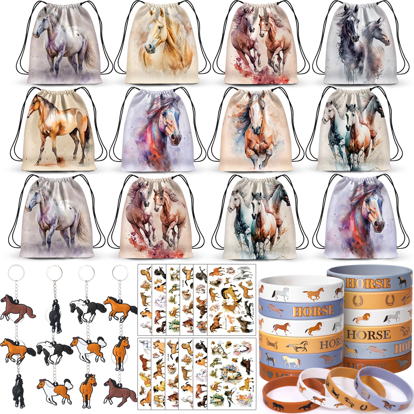 Horse Party Bag Fillers for Kids Include Drawstring Bags, Silicone Wristbands, Keyrings, Pinata Kids Party Favours Cowboy Cowgirl Party Supplies Horse Gifts for Girls Boys Birthday