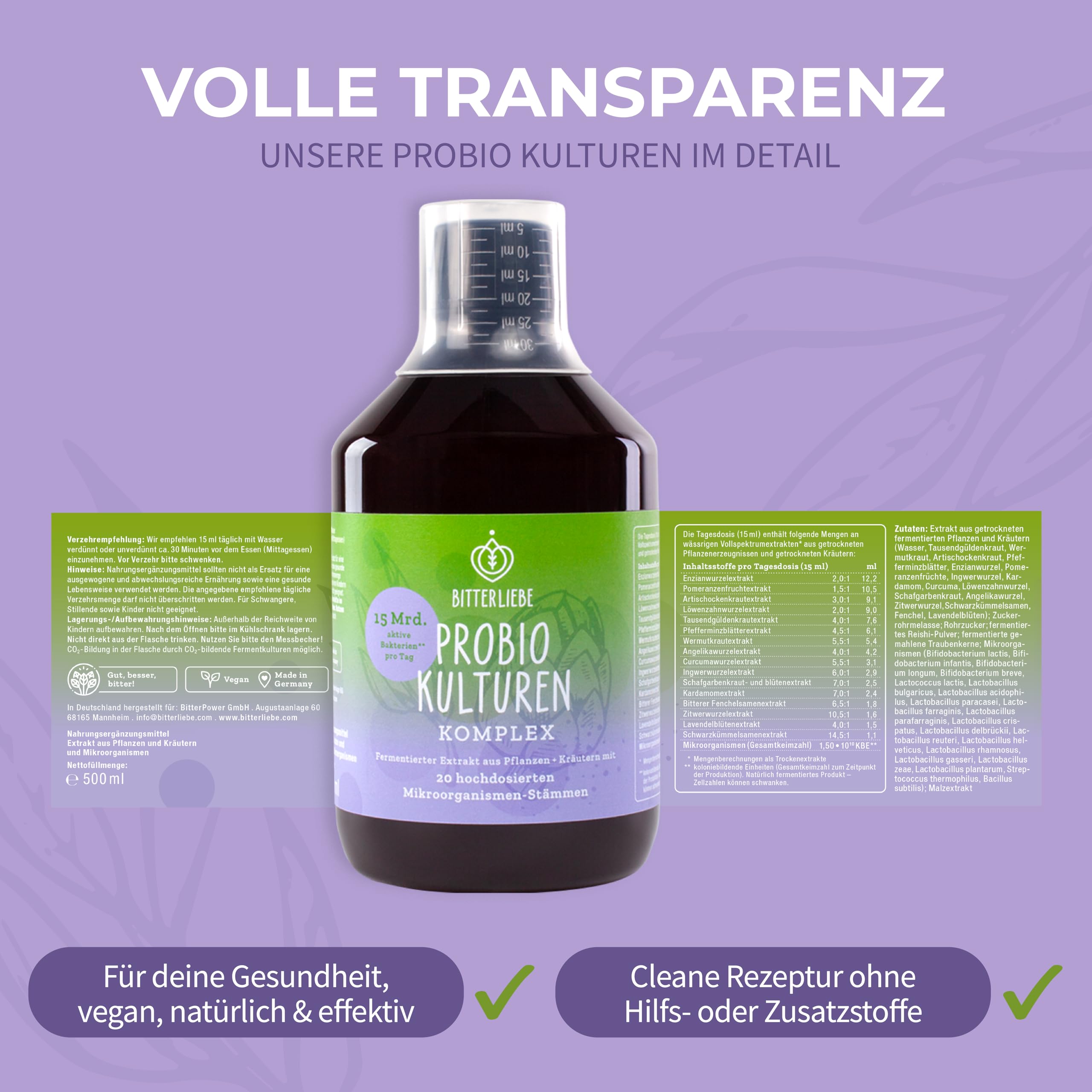BitterLiebe® Bitter Probio-Kulturen Komplex - flüssige Darmbakterien - magensaftresistentes Mittel mit 20 Bakterienstämmen-15 Milliarden Bakterien