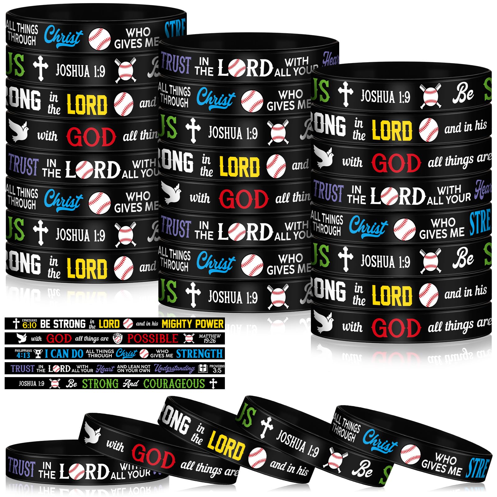 Soulchen 100 Pcs Power of Faith Baseball Bible Verse Silicone Bracelets with Christian Inspirational Sayings Scriptures Motivational Baseball Rubber
