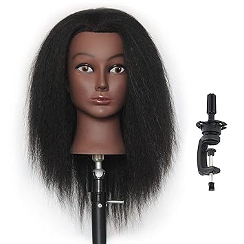 Afro Mannequin Head 100% Real Hair Hairdresser Training Head Manikin Cosmetology Doll Head (Table Clamp Stand Included) DK0212D