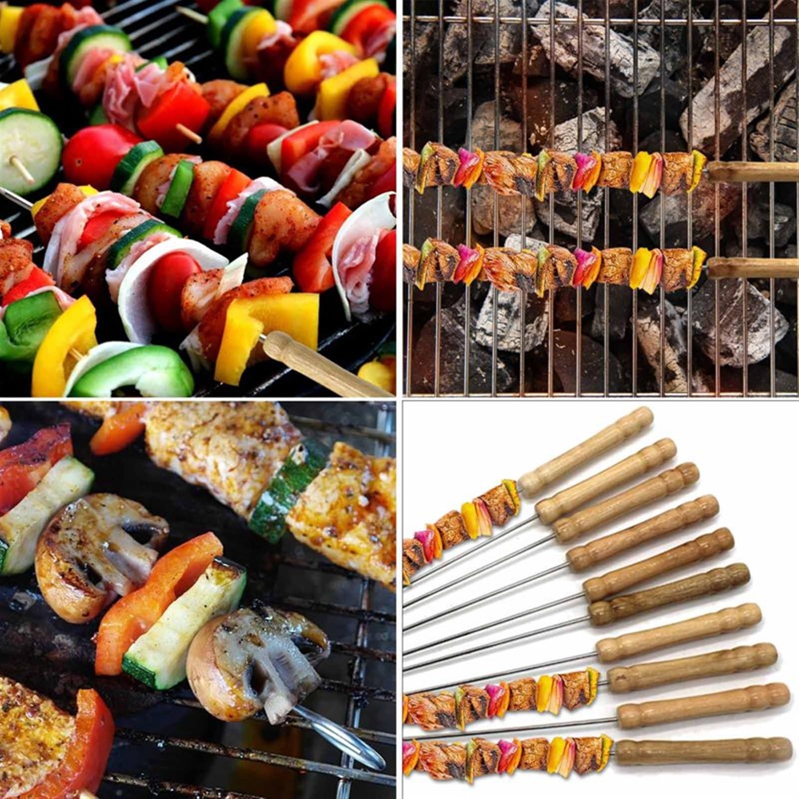 SePkus Schaschlikspieße, 10 Stück, kompatibel mit Grill, wiederverwendbarer Grill, Edelstahlspieße mit Holzgriff, Schaschlik, Grill, Camping-Gadgets, Küchenutensilien