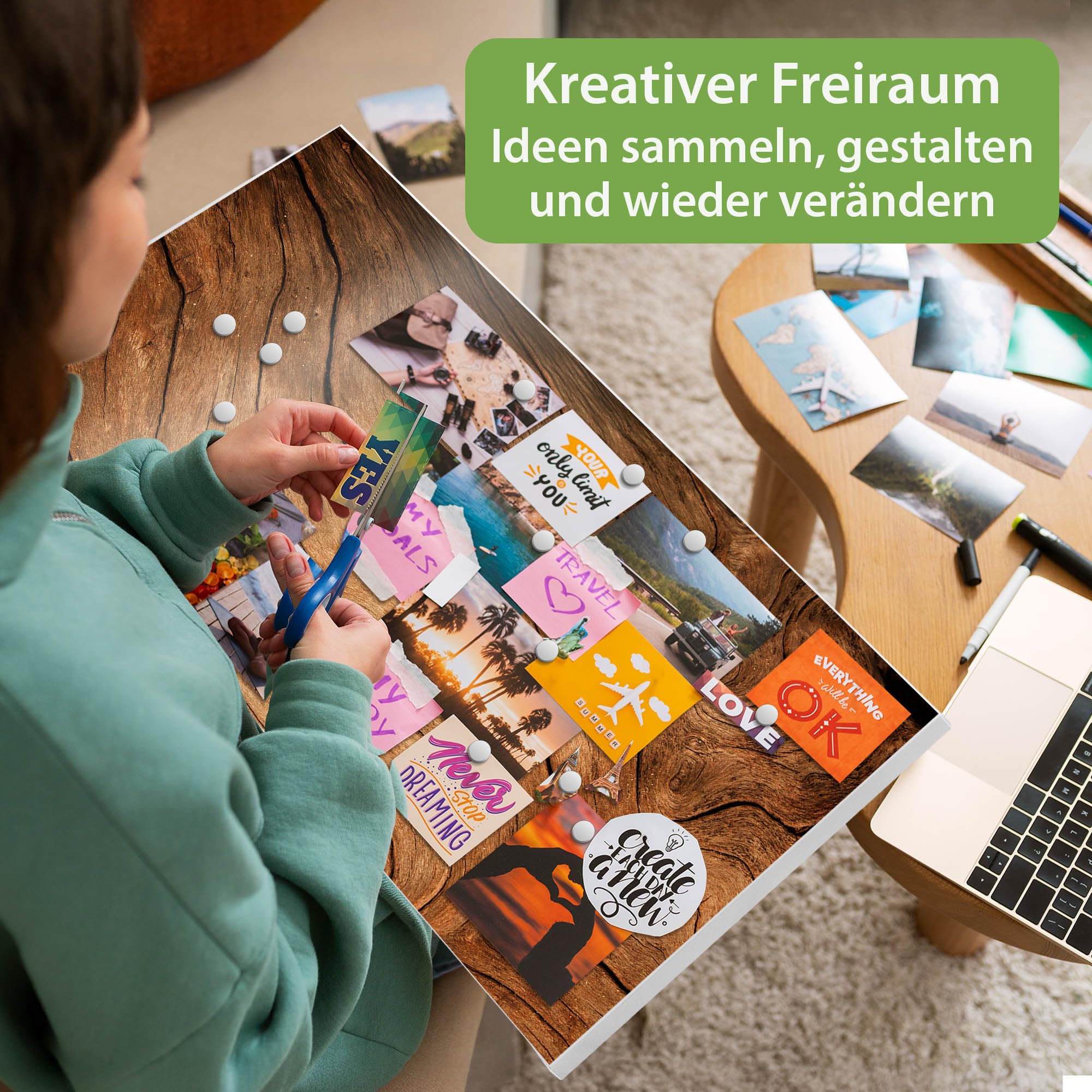 banjado Magnettafel Metall 78 x 37cm - beschreibbare Magnettafel - Metall Pinnwand als Memoboard - Magnetwand Küche, Büro, Kinderzimmer Weiß inkl. 4 Magnete & Montageset - Motiv Trockenes Holz