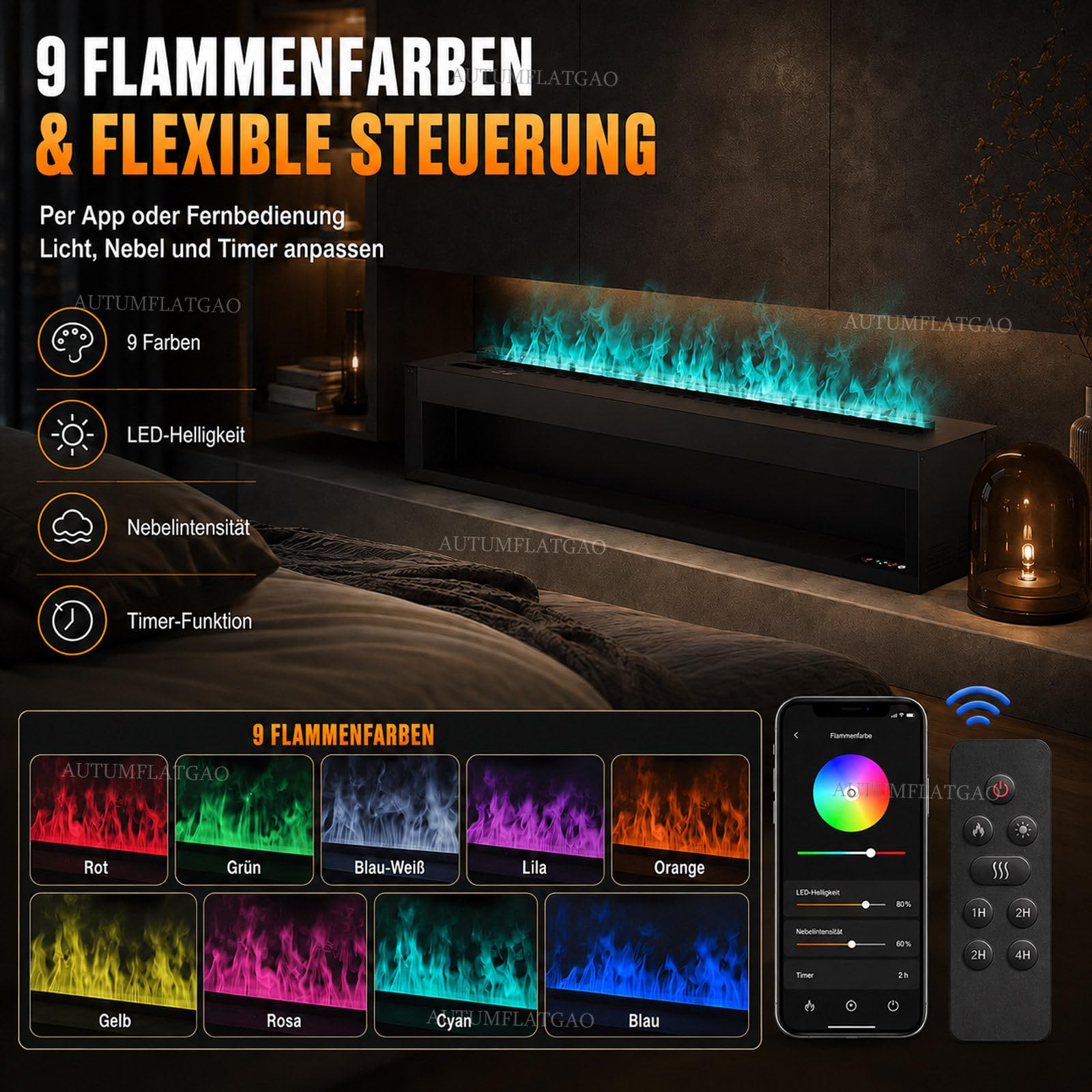 3D Wasserdampf Kamin Mit Luftbefeuchter, 9 Farben & App-Steuerung 100cm