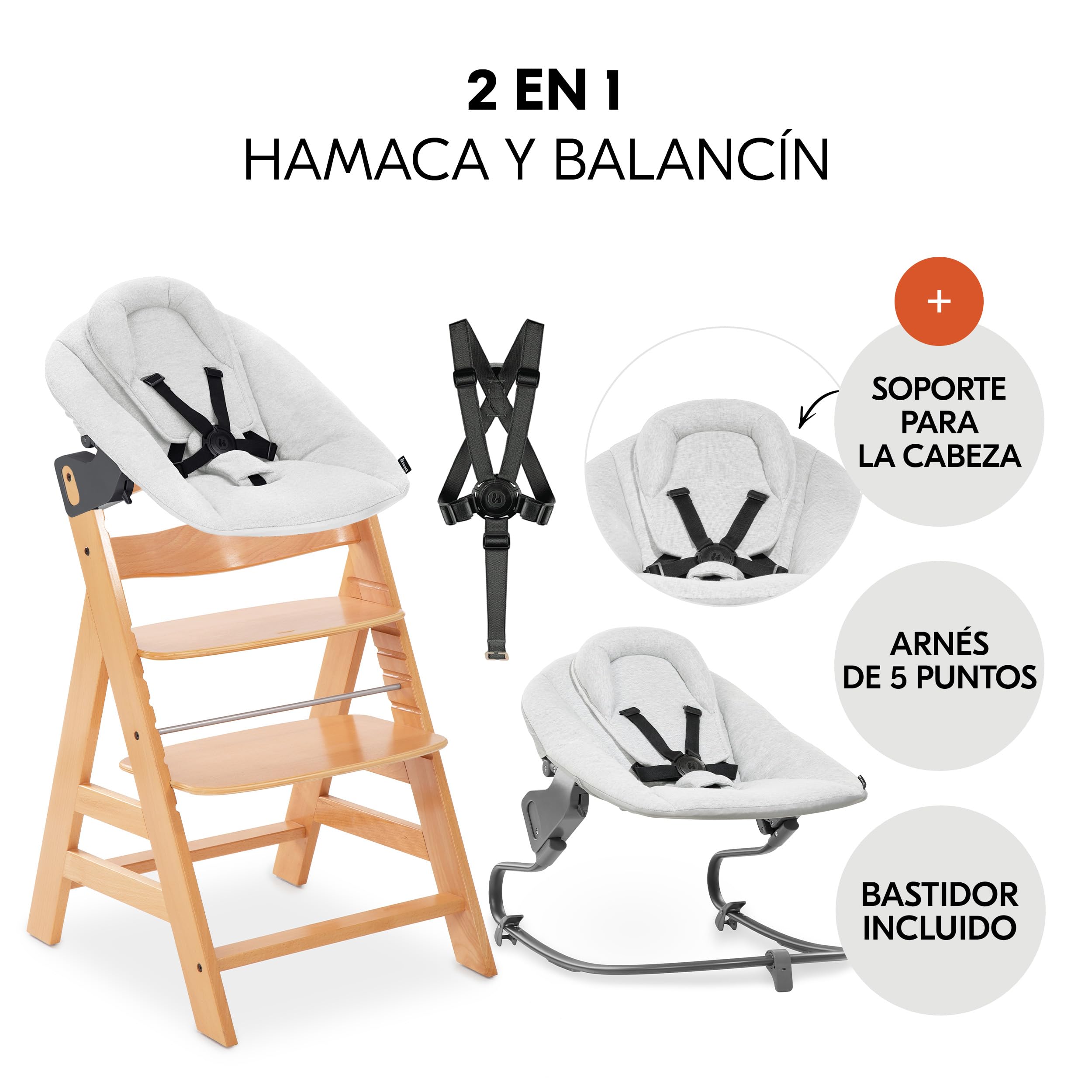hauck Alpha Plus Set Trona Bebé con Bouncer Premium - Natural | Trona evolutiva de madera hasta 90 kg | hamaca reclinable recién nacidos, cojín algodón y arnés 5 puntos
